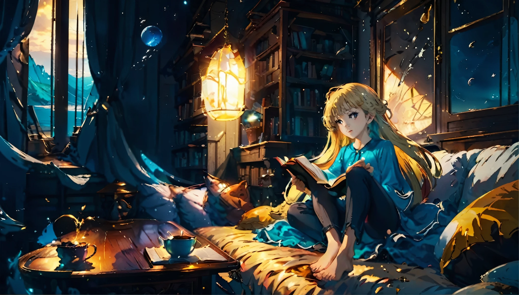 night　Seaside Room　girl　hair blowing in the wind　Sitting on the sofa reading a book