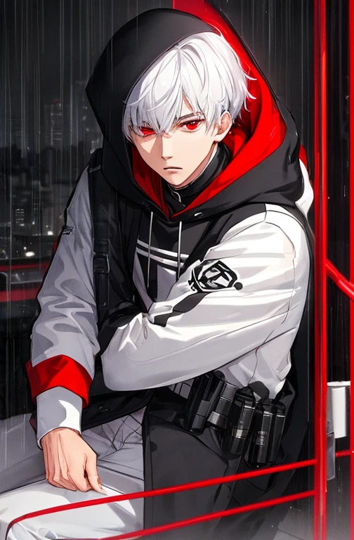 kk, best quality, more details, masterpiece, 1boy, kaneki ken, portrait, male focus, red eyes, solo, bangs, looking at viewer, hood, short hair, rain, tokyo tokyo \(city\), hood up, nail polish, white hair, luxurious, 8k, detailed, ray tracing, depth of field, cinematic lighting,