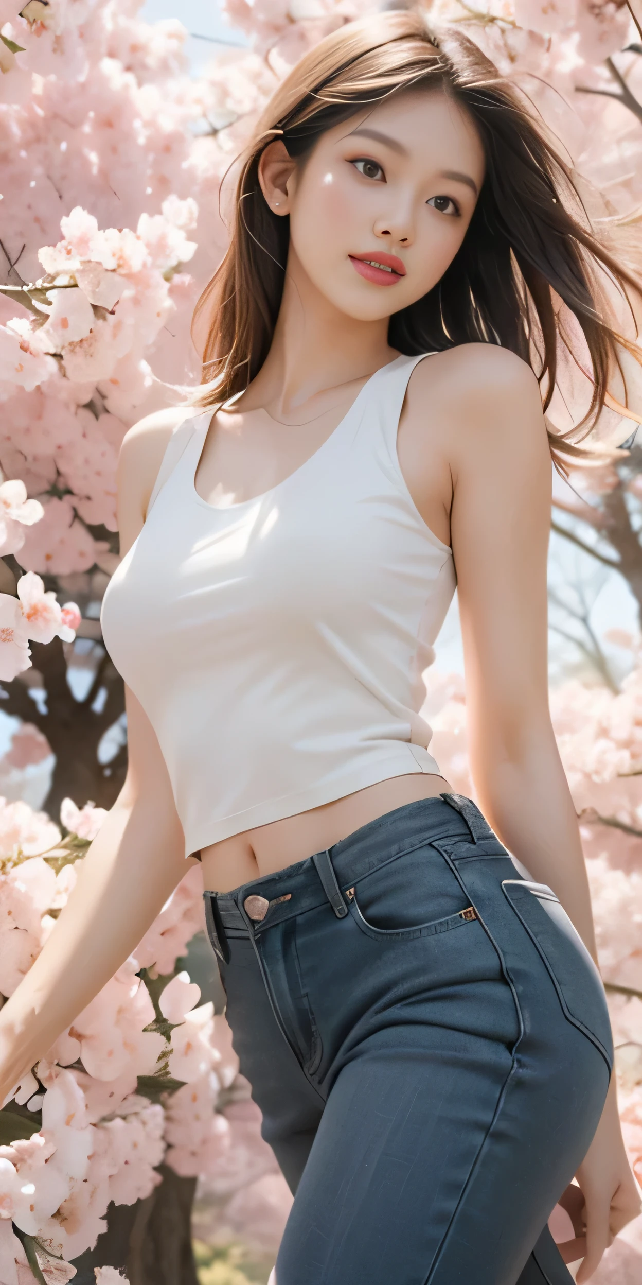 ((whole body)), ((from the side)), ((run through the park)), ((realistic)), 1 girl, looking at viewer, detailed scene, straight hair, air bang, beautiful hair accessories, brownish yellow hair, ((tank top, sleeveless, big bust, running pants)), (Campus Style), warm lighting, warm color palette, More details, very detailed, (masterpiece, best quality), (Very detailed and beautiful work), simple blurred background, extreme detail description, Ultra-fine painting, delicate face, slim body, (smile, tooth exposure), (anatomy correct), Cherry Blossom, thin waist, Long, slender legs, sweaty, running