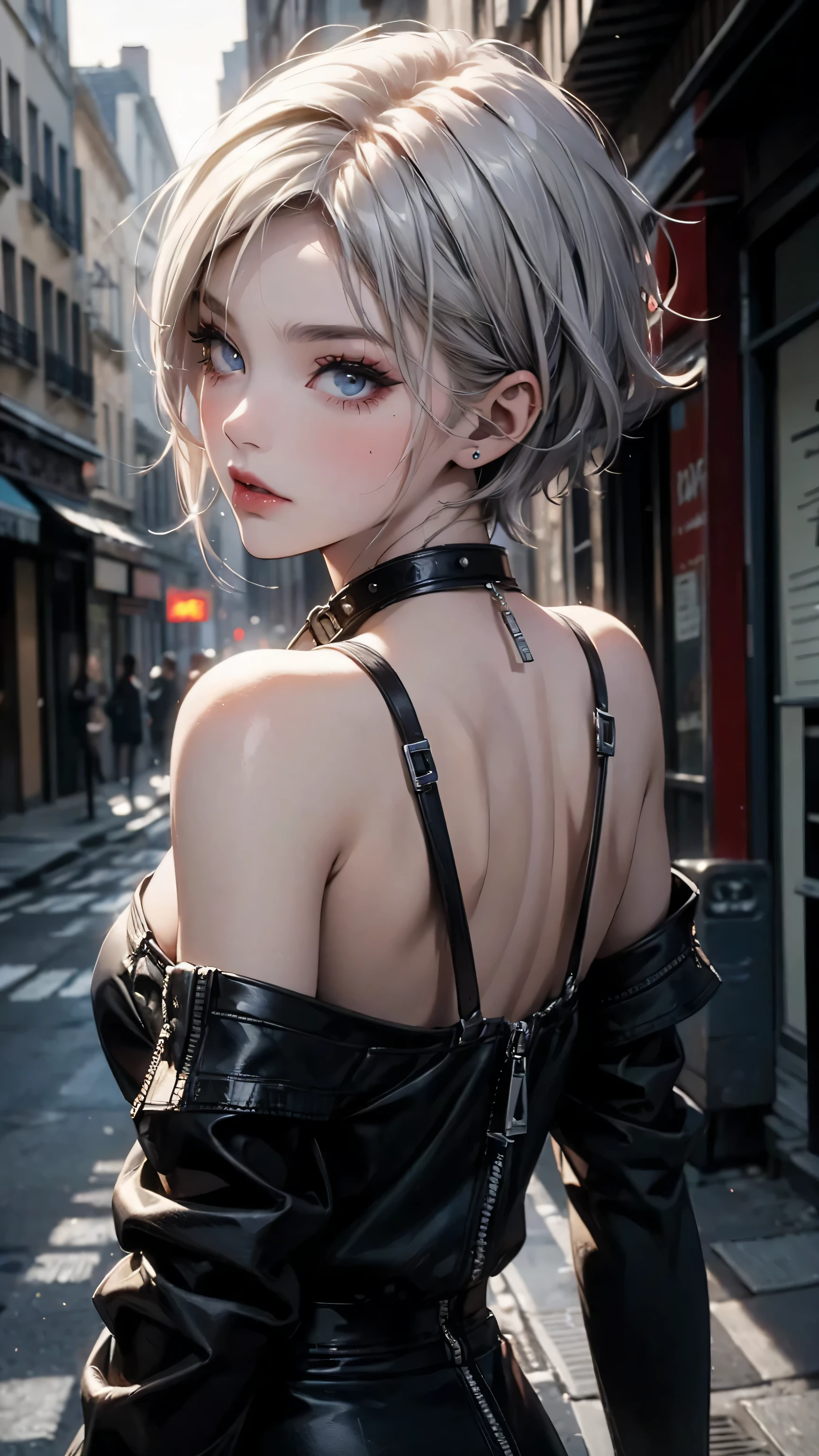 (masterpiece, High resolution, highest quality), ((20 year old woman, Composition from head to stomach, upper body focus)), detailed eyes, Avant-garde makeup, Asymmetrical punk short hair:1.2, ash gray hair, punk fashion:1.3, blurred background, A deserted back alley in Paris:1.3, cinematic lighting, anime style, simple lines, digital painting
