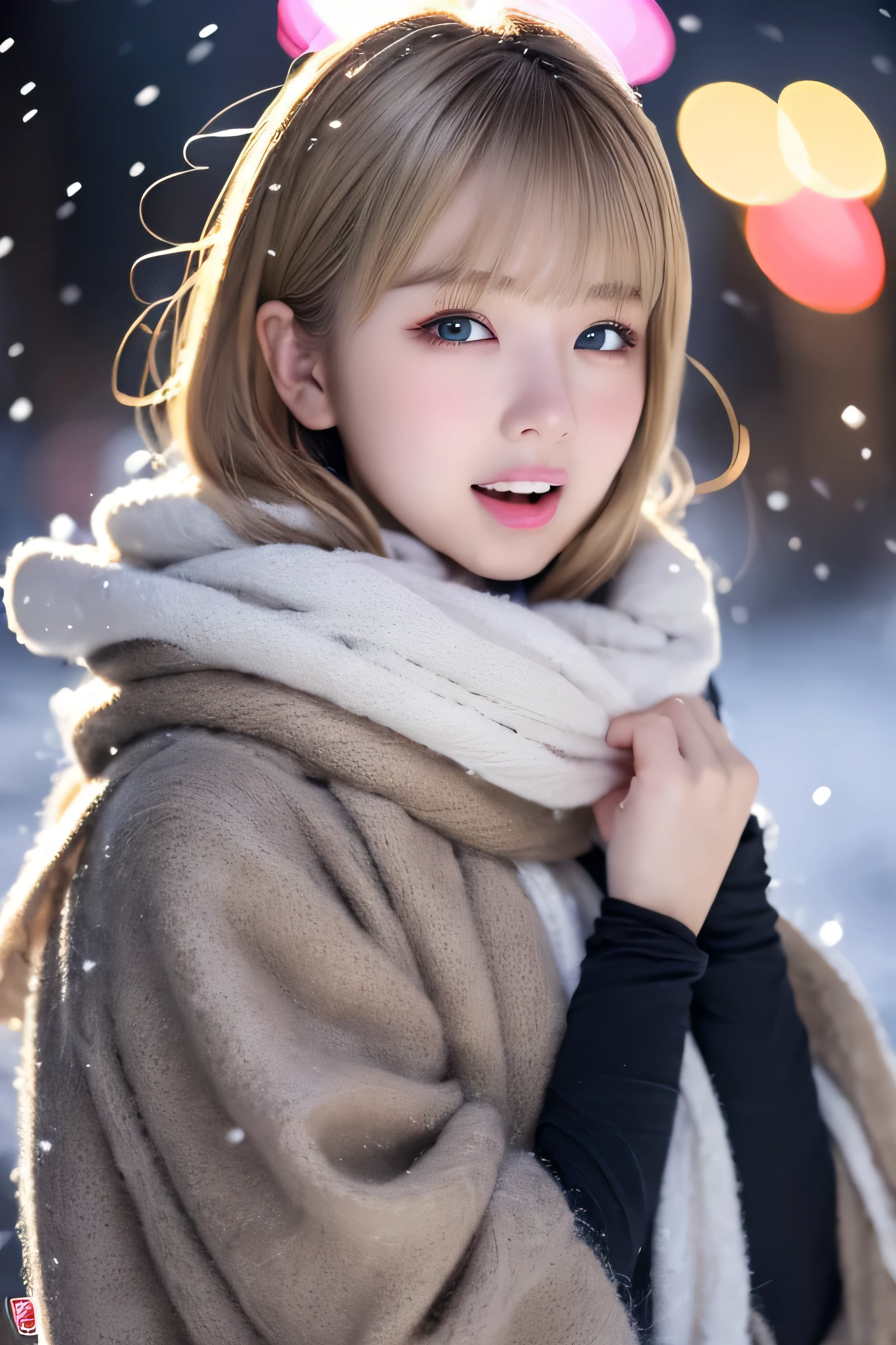 ((No makeup、close your mouth:1.2))、(realistic、Photoreal、super detailed、best detailed skins、highest quality、masterpiece、超A high resolution)、cute russian woman、、high school girl、young girl、1 girl、have bangs、ash blonde:1.7、double eyelid、drooling eyes、Japanese style face、purity、please keep your mouth shut、realistic skin type、thick muffler、Gray muffler、fluffy hair、((There&#39;s hair in the scarf:1.3))、red cheeks、The wind is blowing、It&#39;s snowing、night、illumination、lighting from behind