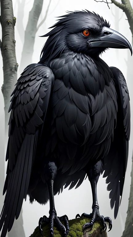 a crow on a bare tree in the misty forest,black feathers,glossy texture,sharp and piercing eyes,feathers ruffling in the wind,ominous presence,(best quality,ultra-detailed,realistic),dark and mysterious,color grading to enhance contrast,soft diffused lighting