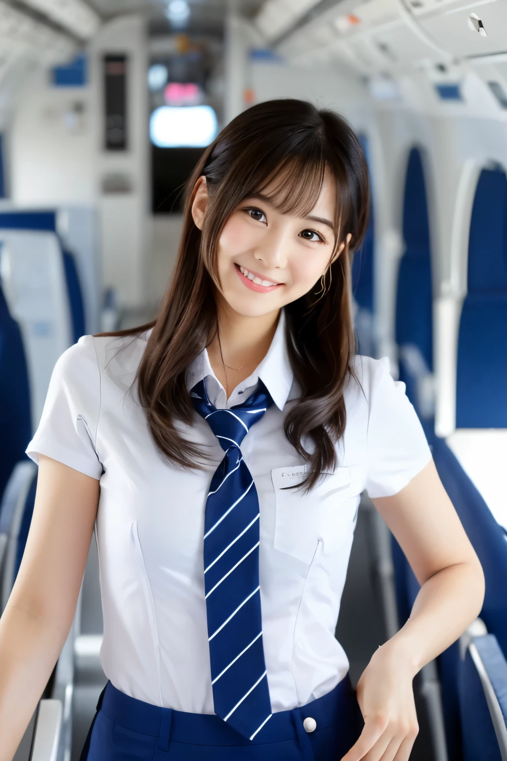 high-angle shot、Center view、Arafe asian woman in short skirt and bow tie sitting on train、cute school girl、Japan Girl Uniform、Wearing Japan school uniform、Japan School Uniforms、a hyperrealistic schoolgirl、Dressed as a schoolgirl、a hyperrealistic schoolgirl、Wearing a uniform、Realistic Schoolgirl、Girl in Uniform、Wearing a uniform、Schoolgirl Pose、full body Esbian、Nice skin、glistning skin、lovely thighs、glowing thigh、shining legs、bare-legged , High School in Japan 、乃木坂アイドル、韓国アイドル,韓国アイドル、乃木坂アイドル、女優、hposing Gravure Idol、