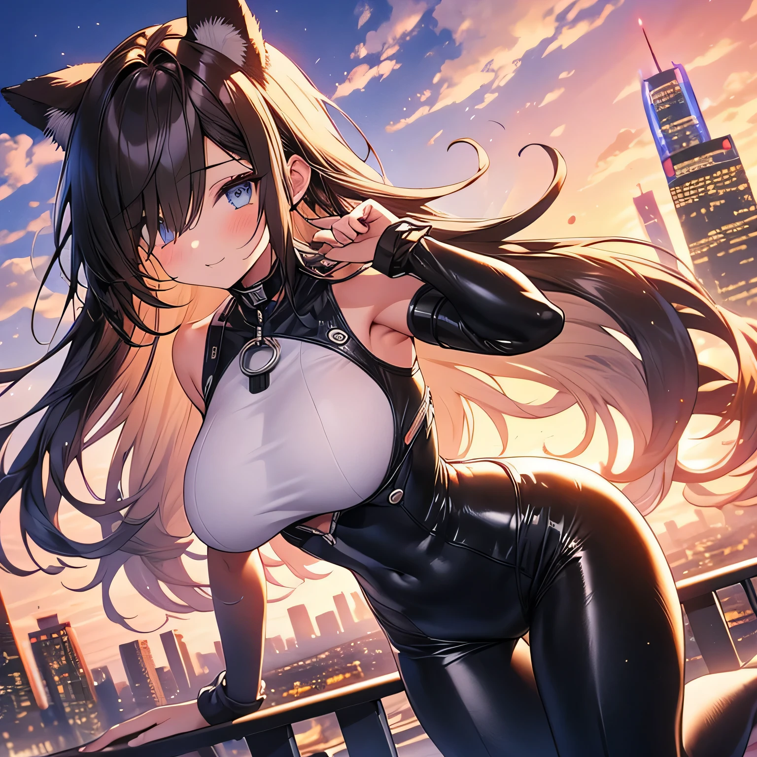 city, building, skyscraper, cityscape, breasts, 1girl, large breasts, hair over one eye, sunset, solo, animal ears, long hair, cloud, outdoors, sky, city lights, rooftop, bodysuit, looking at viewer, skin tight, skyline, bridge, blue eyes, castle, brown hair