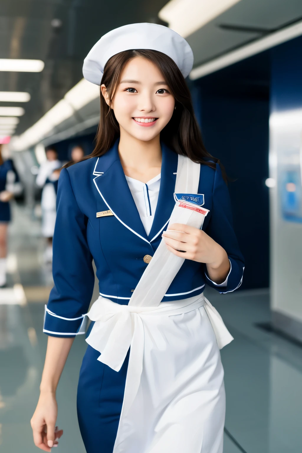 A 22-year-old with a cute, baby-faced idol-like face Full body visible when standing Occupation: Flight Attendant Walking down the aisle of an airliner Gentle and cute smile gently small bust It's a bikini-style uniform. Raw photo genuine real High definition Do not display copyright