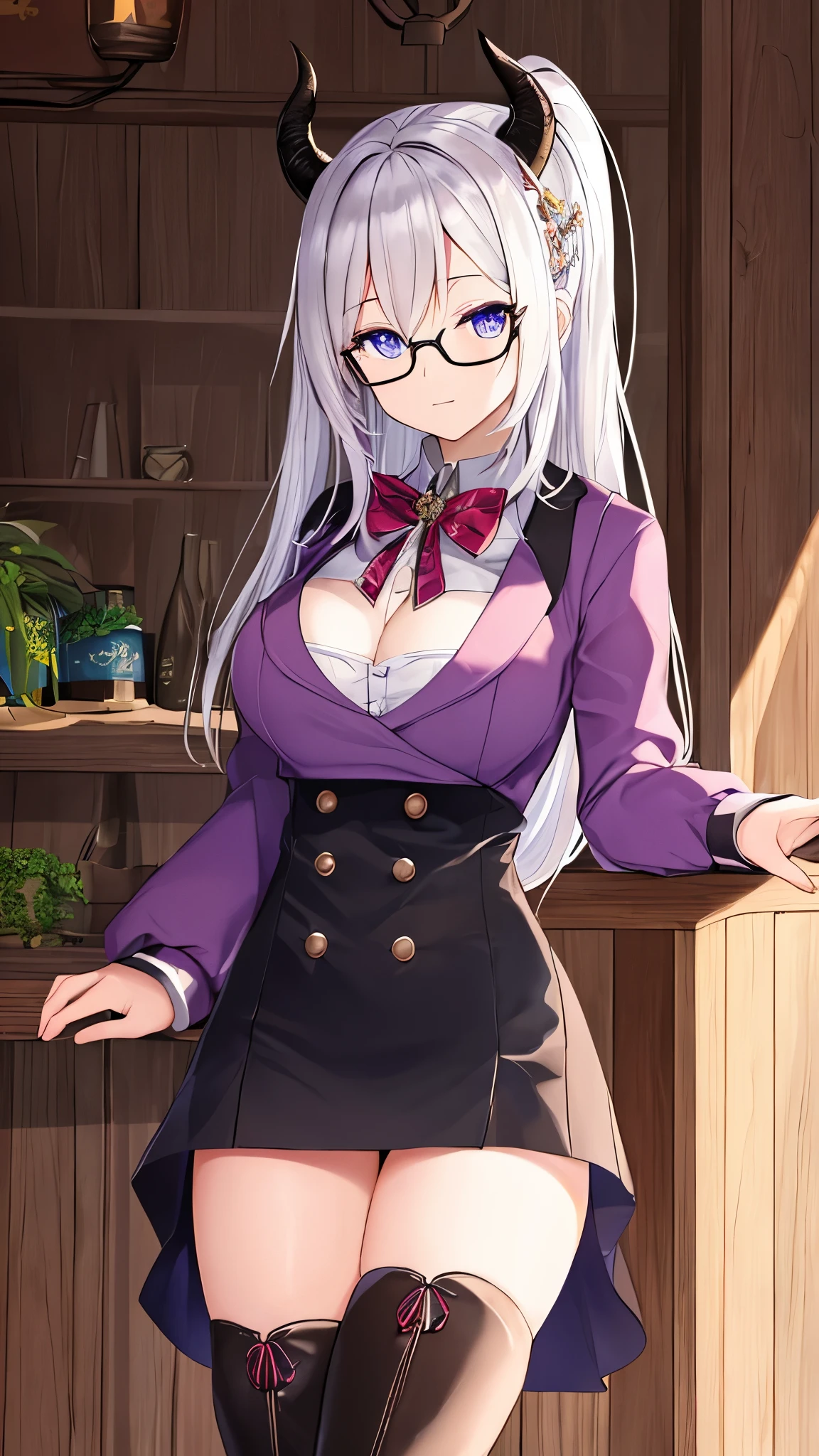 (Masterpiece, best quality), detailed, (medieval magic academy uniform, glasses, reading glasses, white boots), athletic, busty, demon, demon girl, detailed beautiful purple eyes, detailed face, white hair and white skin, braided ponytail, demon horns, full of details.