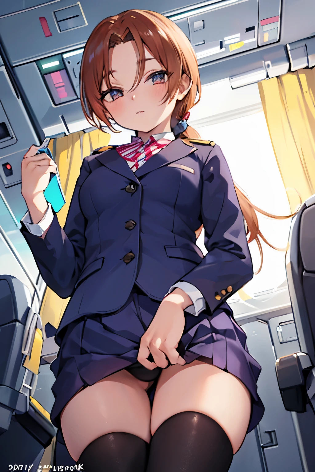 30-year-old female cabin attendant, crouching in the aisle of the plane, picking up lost items, skirt, stockings, detailed eyes (from the front, from below), masterpiece, blushing, shy face