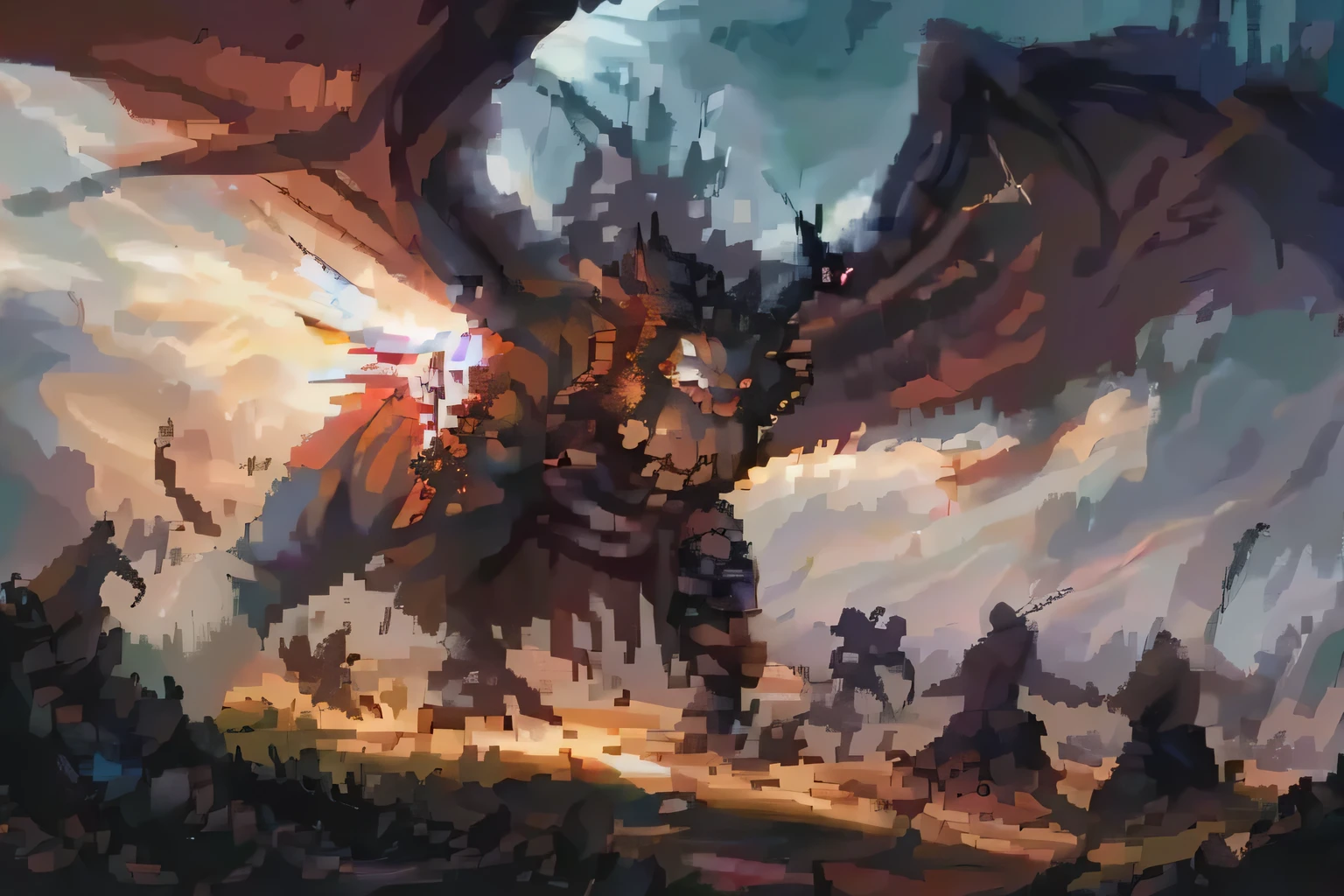 battle, corpse, bloody, rain, knighr, guy, sword clash, running, arrow shot, light beam, monster, three people, fighting, berserk art style, dragon background