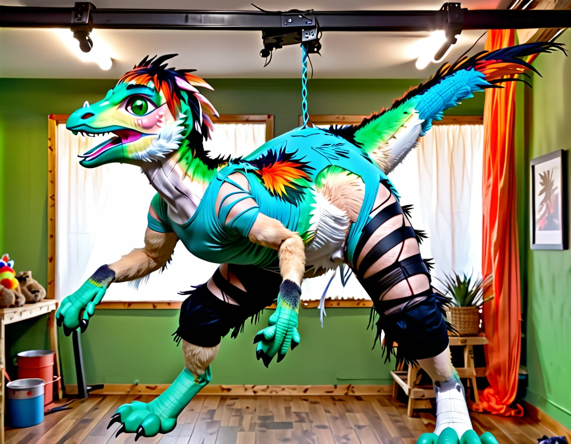 Ultra high resolution, best quality, masterpiece, (pinata transformation:1.4), mid transformation, (a terrified male college boy human deinonychus velociraptor piñata fursuit hybrid trespassing inside a mexican pinata animal shop after dark:1.6), shrinking, (hanging suspended from the ceiling by pinata display wire strings, strung up mid-air among a display of various pinata beasts:1.5), (wearing a t-shirt and pants over a deinonychus fursuit:1.75), (human feathered deinonychus piñata fursuit partial hybridization:1.55), (the store's anti-theft magic morphs and shrinks you into a deinonychus piñata:1.6), ((mindaro green:1.6) (black:1.25) (salt:1.35) (beige:1.2) (tangelo:1.4):2), (part human:1.85), (real life, photorealistic:1.8), (partial feralization:1.7), (the zipper melds into your paper mache skin as you fuse with the fursuit and morph into a pinata:1.65), NSFW, 