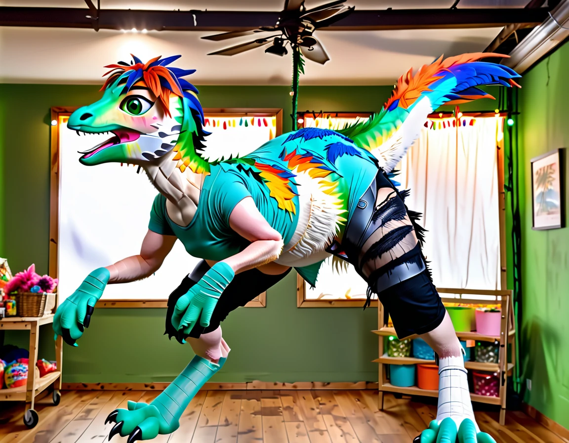 Ultra high resolution, best quality, masterpiece, (pinata transformation:1.4), mid transformation, (a terrified male college boy human deinonychus velociraptor piñata fursuit hybrid trespassing inside a mexican pinata animal shop after dark:1.6), shrinking, (hanging suspended from the ceiling by pinata display wire strings, strung up mid-air among a display of various pinata beasts:1.5), (wearing a t-shirt and pants over a deinonychus fursuit:1.75), (human feathered deinonychus piñata fursuit partial hybridization:1.55), (the store's anti-theft magic morphs and shrinks you into a deinonychus piñata:1.6), ((mindaro green:1.6) (black:1.25) (salt:1.35) (beige:1.2) (tangelo:1.4):2), (part human:1.85), (real life, photorealistic:1.8), (partial feralization:1.7), (the zipper melds into your paper mache skin as you fuse with the fursuit and morph into a pinata:1.65), NSFW, 