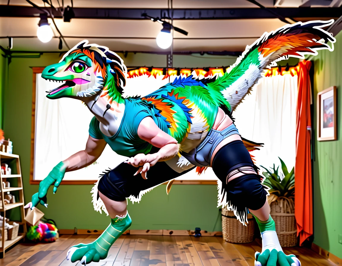 Ultra high resolution, best quality, masterpiece, (pinata transformation:1.4), mid transformation, (a terrified male college boy human deinonychus velociraptor piñata fursuit hybrid trespassing inside a mexican pinata animal shop after dark:1.6), shrinking, (hanging suspended from the ceiling by pinata display wire strings, strung up mid-air among a display of various pinata beasts:1.5), (wearing a t-shirt and pants over a deinonychus fursuit:1.75), (human feathered deinonychus piñata fursuit partial hybridization:1.55), (the store's anti-theft magic morphs and shrinks you into a deinonychus piñata:1.6), ((mindaro green:1.6) (black:1.25) (salt:1.35) (beige:1.2) (tangelo:1.4):2), (part human:1.85), (real life, photorealistic:1.8), (partial feralization:1.7), (the zipper melds into your paper mache skin as you fuse with the fursuit and morph into a pinata:1.65), NSFW,