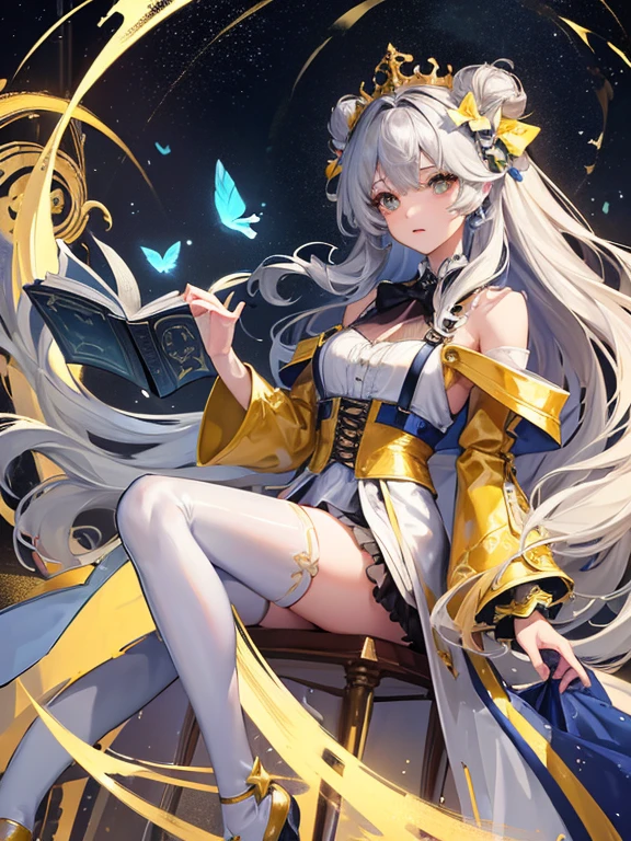 (Highly detailed CG Unity 8K wallpaper, highest quality, masterpiece), ((4k, masterpiece, highest quality)), mature woman, long gray hair, long hair and waist, hair loss, shawl, amber eyes, single, Sitting on a crescent chair, full of stars,Oversized Swing Princess Dress, Wearing a white researcher-style coat, star hidden under the skirt, Pink, blue and yellow butterflies flying around, Theater background, star curtain, star hair ornament, suspenders,black garter belt,tights,Unreal,have a book