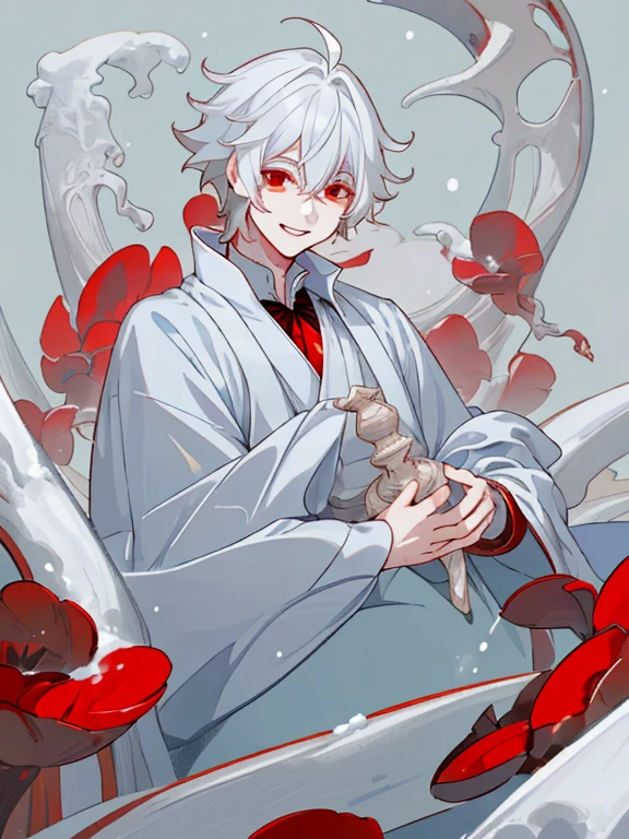 A boy with white hair and red eyes, wearing a prince's clothes, Smiling. Against the backdrop of a snowy kingdom