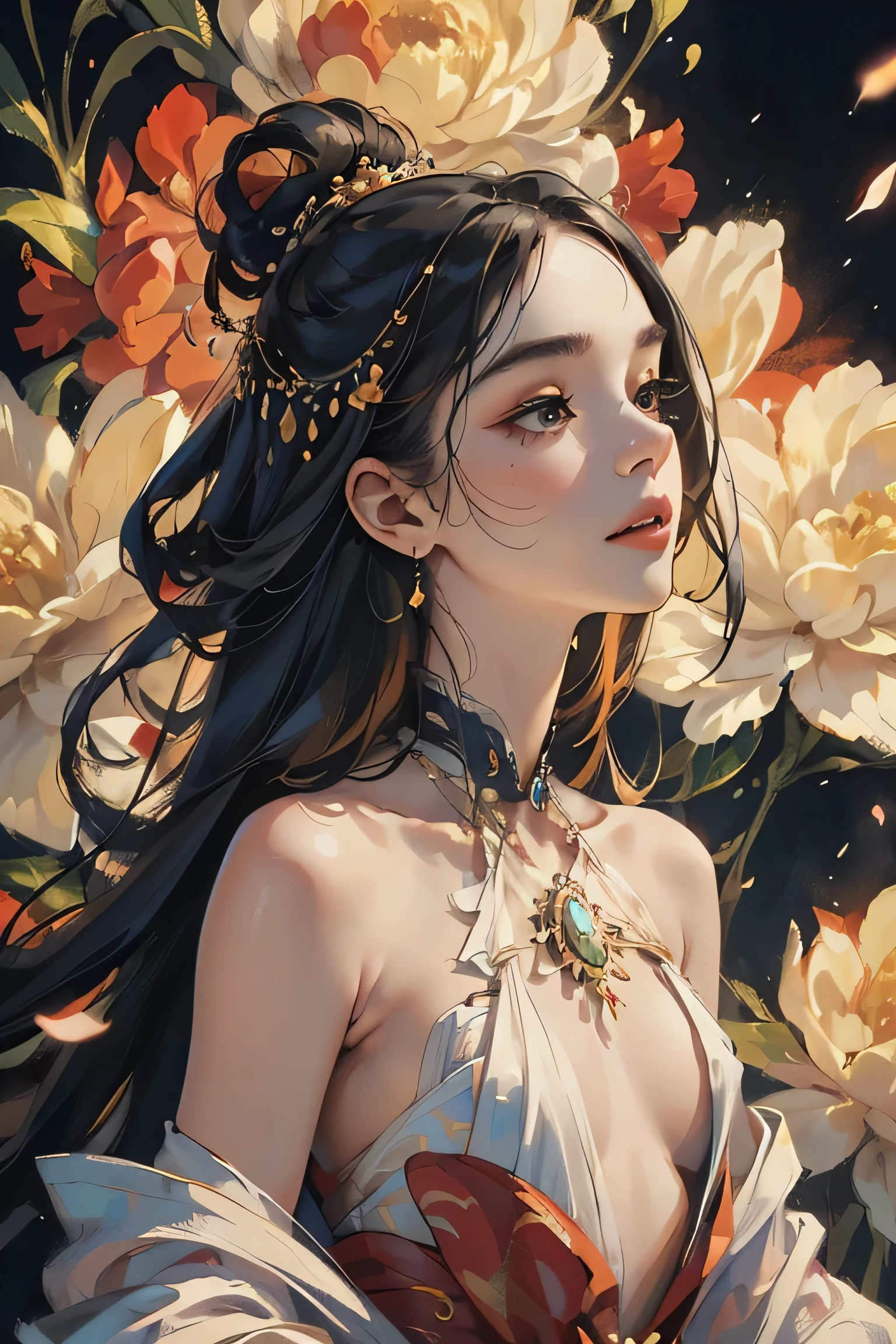 ((8k wallpaper of extremely detailed CG unit, ​masterpiece, hight resolution, top-quality, top-qualityのリアルテクスチャスキン)), (a very beautiful woman, Plump lips, The upper part of the body, Japanese pattern blouson:1.2, Japanese pattern micro mini shorts:1.2), (A dark-haired, hair messy, de pele branca, small tit), ((Colorful background with geometric patterns, Japanese pattern background, warm color)), (hyper realisitic, digitial painting),nsfw,slender body shape, (Hyper-realistic) , (illustration), (Increase the resolution), (8K), （RAW photos，best qualtiy），（realisticlying，photograph realistic：1.3），best qualtiy，highly detailed，tmasterpiece，Hyper-detailing，( the wallpaper), (Detailed face), solo,1girll，The is very detailed，dynamic angle，cow boy shot，The most beautiful form of chaos，elegant，Fauvist design，vivd colour，Goddess of romanticism，Model figure，ancient costume，best qualtiy，Extremely detailed jewelry，Peony petals，scenecy，rios|Wagas，nsfw, chinese dress, slender , black dress,dynasty, white top, black bottom
