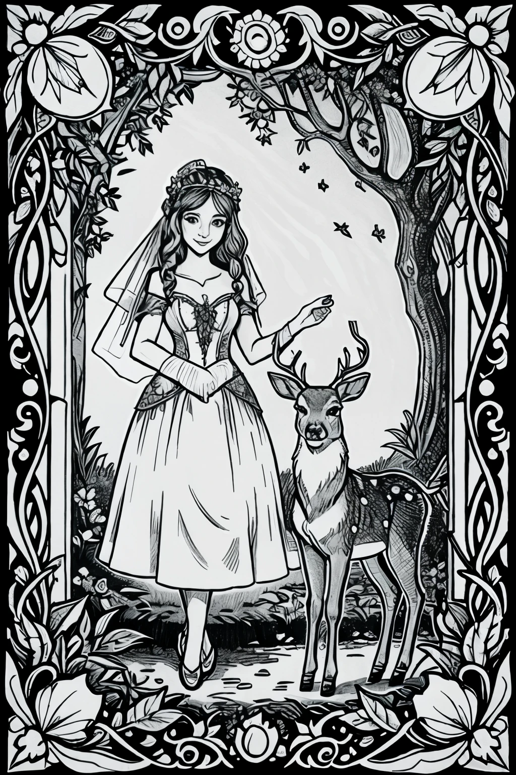 a beautiful fairy   with a deer in an enchanted forest  , coloring page