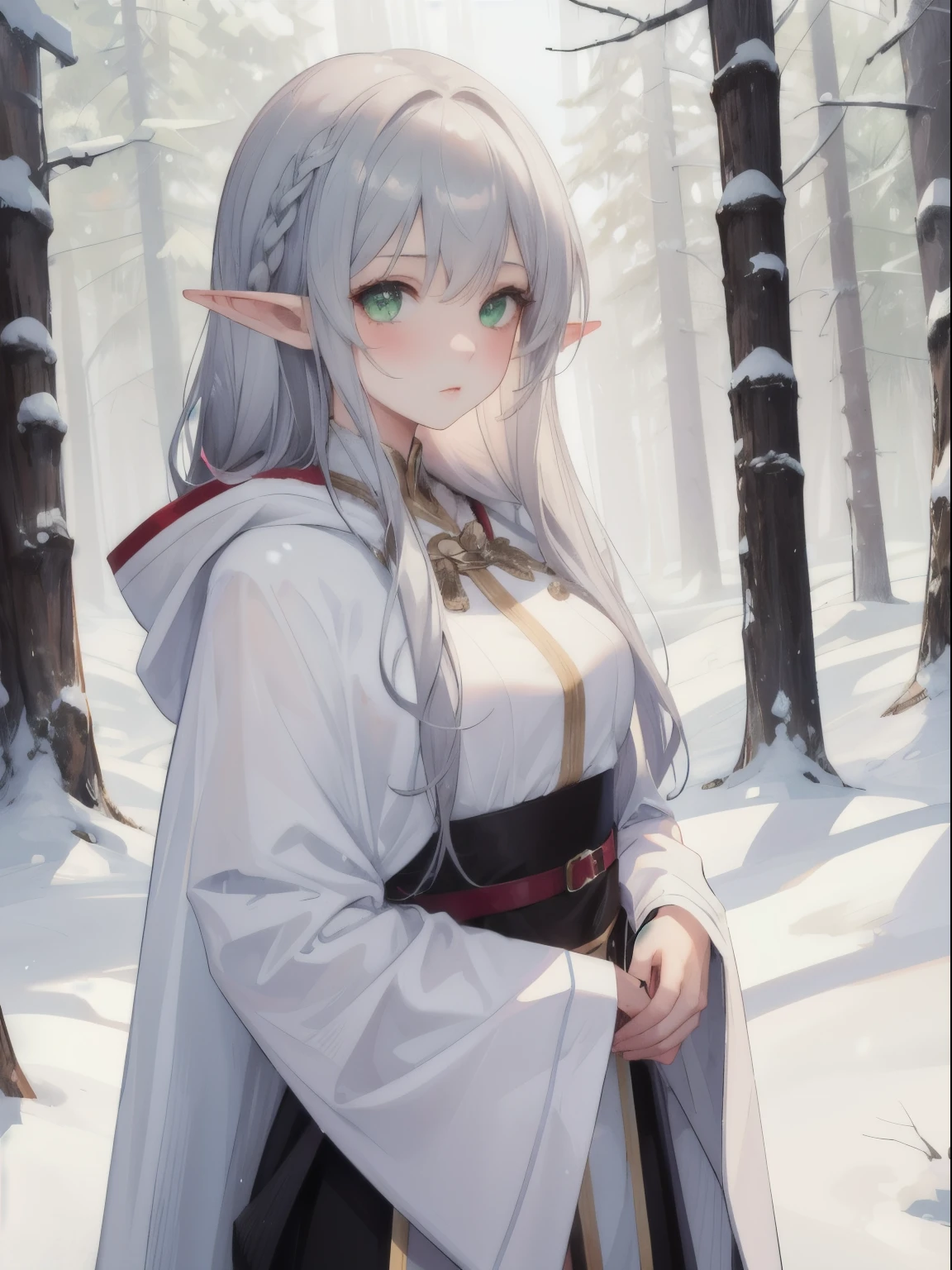 1girl, snow elf girl, long silver hair, green eyes, wearing a white cloak, forest, looking at the viewer, high res, ultrasharp, 8K, masterpiece, athletic body, mature, dark fantasy