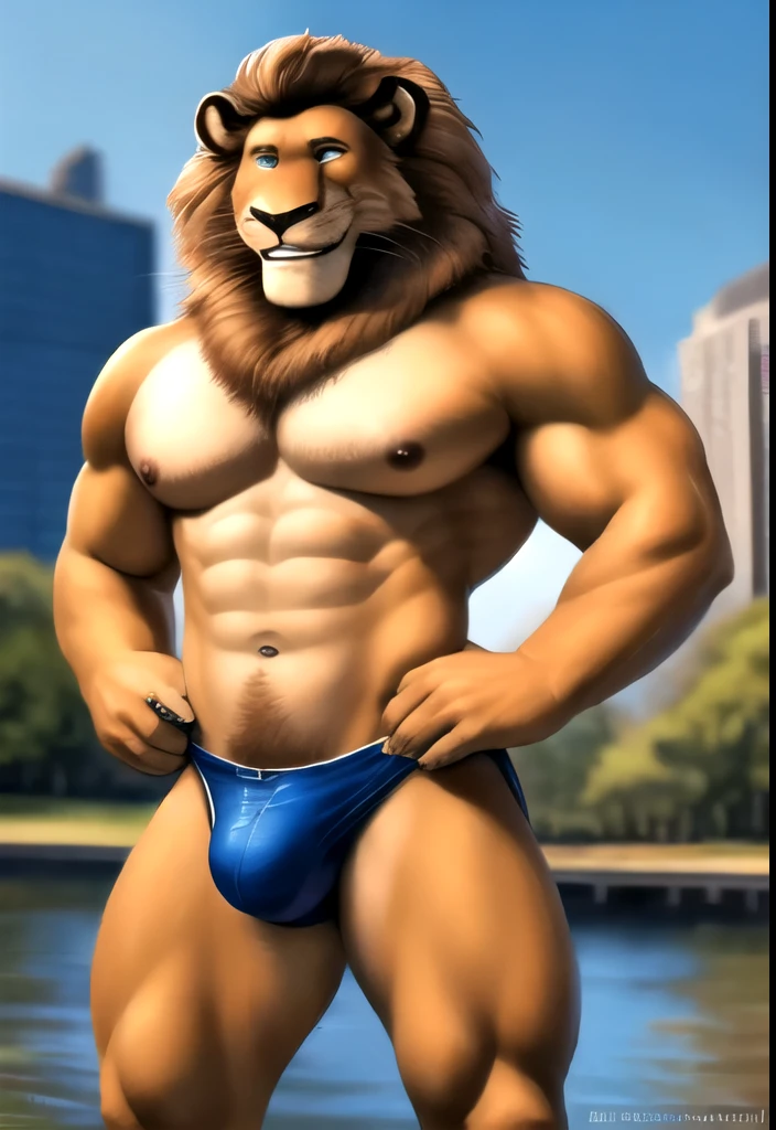 Alex the lion, lion, smile, grin, full body shot, happy face, city park background, posing, flexing muscles, male, big pecs, big eyes, bodybuilder, detailed face, beautiful eyes, detailed eyes, big muscles, big pecs, beefy, nipples, abs, speedo, bulge, looking at viewer, muscular chest, detailed face, high detailed, topless, by bruteandbrawn, by personalami, by kenket, (intricate, high detail, film photography, soft focus, RAW candid cinema, photorealism, realistic, photorealistic, analog style, subsurface scattering, masterpiece, best quality, ultra realistic, 8k)
