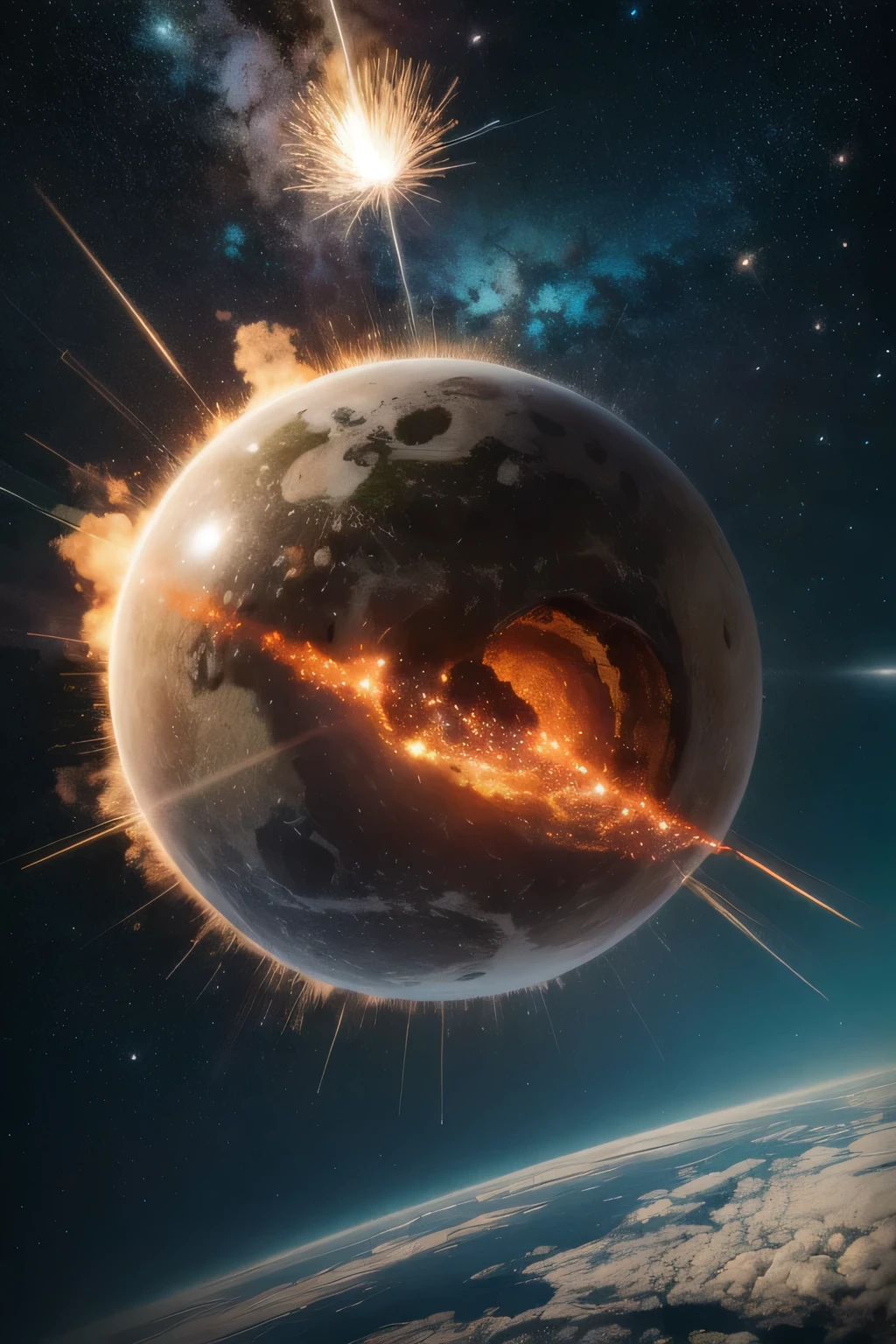 A huge fiery spherical meteorite flying through the sky spewing flames and smoke, a meteorite flying overhead, comet debris, science fiction movies, Japanese special effects movies, a gigantic gold rock crashing on top of a building, (((photo、photo realism)))