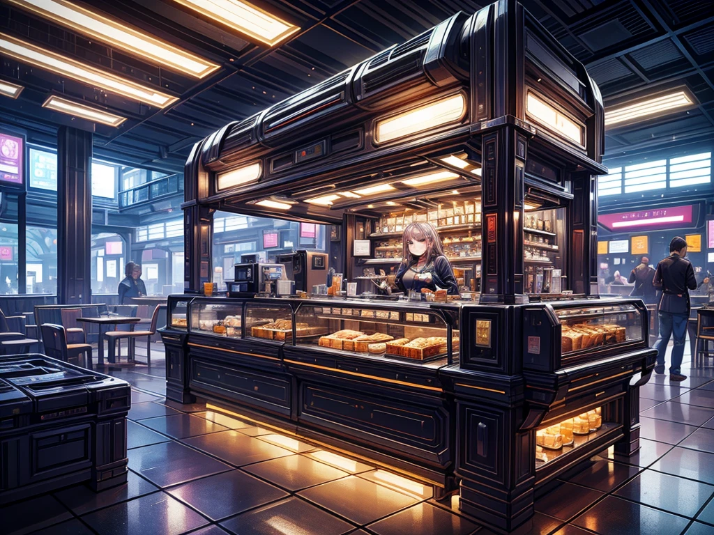 future，on a giant space station，in living area，1 food truck, A girl selling breakfast, Morning, LED light, Color LED, Sandwiches, drinks, Menus,  Breakfast 5 euros, 製作Sandwiches  