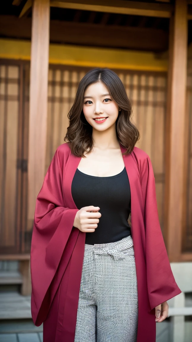 shrine、Colorful kimono、open chest、I&#39;m not wearing anything inside、full body shot、NiziUAYAKA、 ４Ｋ、１people&#39;s women、slender、 Loose wavy styling 、seductive and attractive、Including face and skin texture.，detailed eyes、A soothing expression with a smile