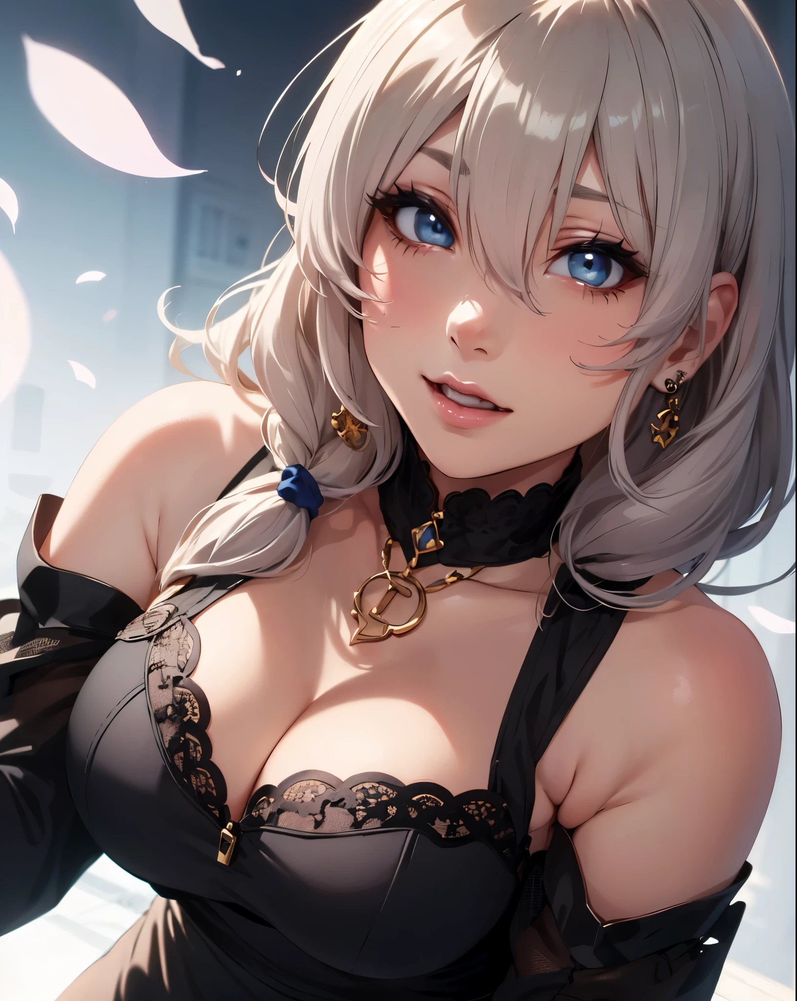 1girl, uzakitsuki, grey hair, hair between eyes, hair over shoulder, closed eyes, mature female, large breasts,
BREAK (cleavage, black dress, very long hair, jewelry,necklace,detached sleeves,sleeveless,bare shoulders:1.2)
BREAK ((anime girl)), best quality, expressive eyes, perfect face, (masterpiece), best quality, expressive eyes, perfect face, ((best quality)), ((ultra-detailed)), ((an extremely delicate and beautiful)), perfect eyes, perfect body, ((synmetry eyes)), beautiful eyes, ((thick thighs)), shiny skin, soft skin, ((synmetry body)), ((perfect body)), 