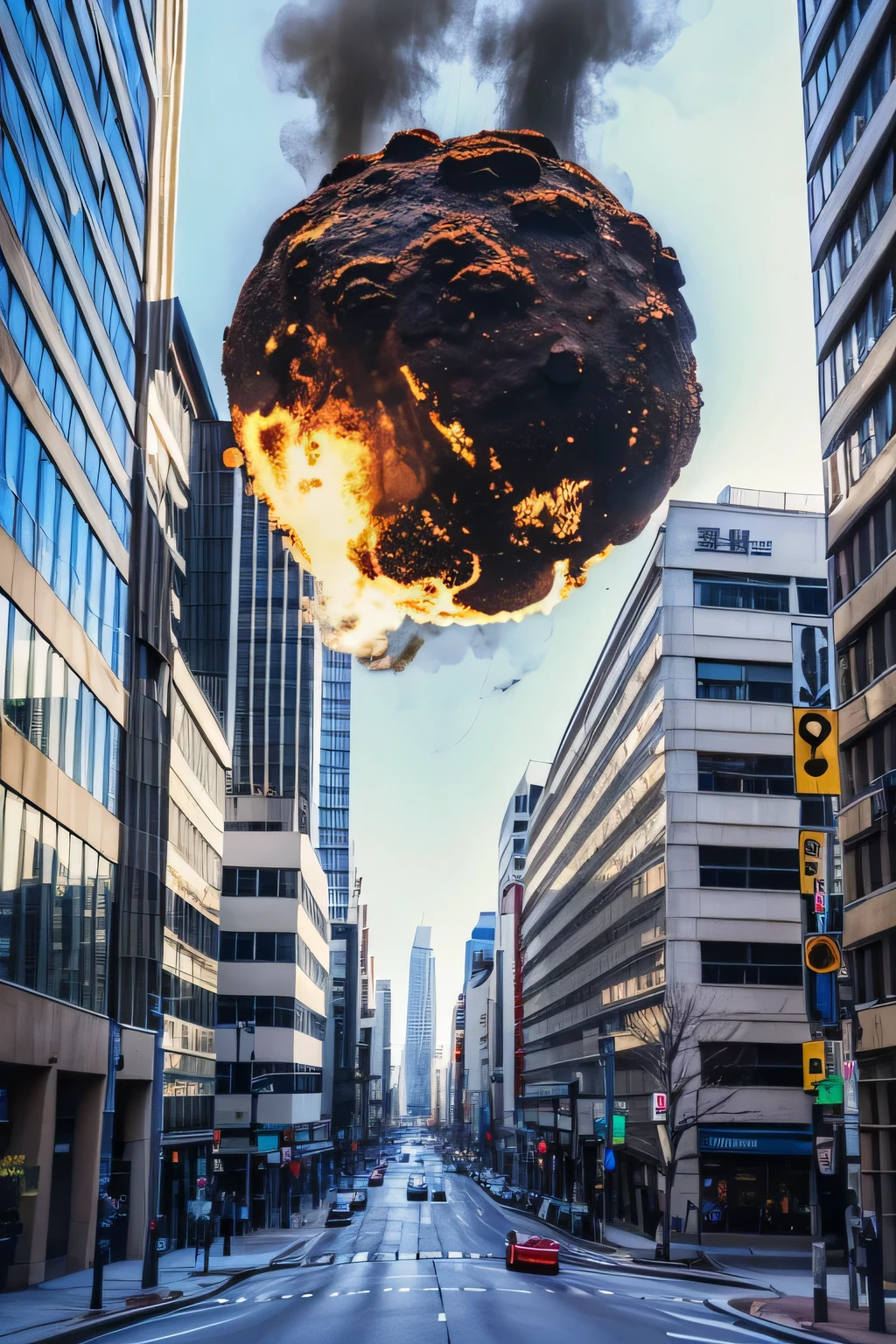 A huge, flaming meteorite falls between buildings in Tokyo、panic、Looming Crisis、Detailed meteorite、