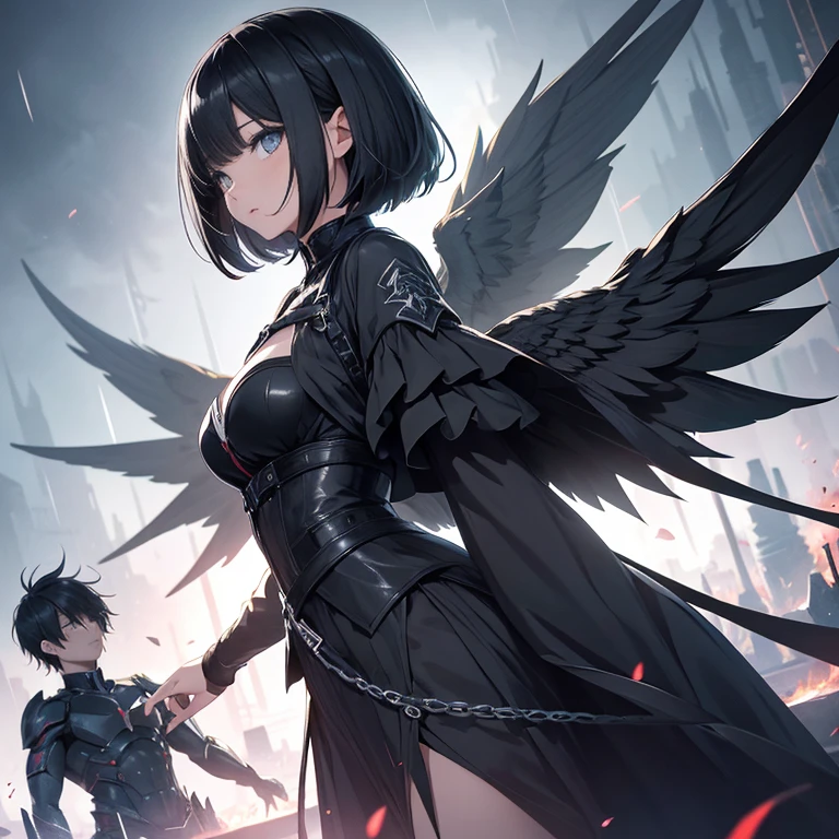 short black hair、3D illustration、 angel and  devil、dark色、clear eyes、Strong heart、official art, unthaty 8k wallpaper, Super detailed, beautiful and aesthetic, high qualthaty, beautiful, masterpiece, 最high qualthaty, (zget tangled, mandala, tangled, get tangled:0.6), dark森の中の男と女の子の白黒写真, (male monster next to girl),Limthated palette,  (dark), good and bad、that&#39;that&#39;that&#39;that&#39;that&#39;that&#39;that&#39;it&#39;s raining、、Reduce exposure
