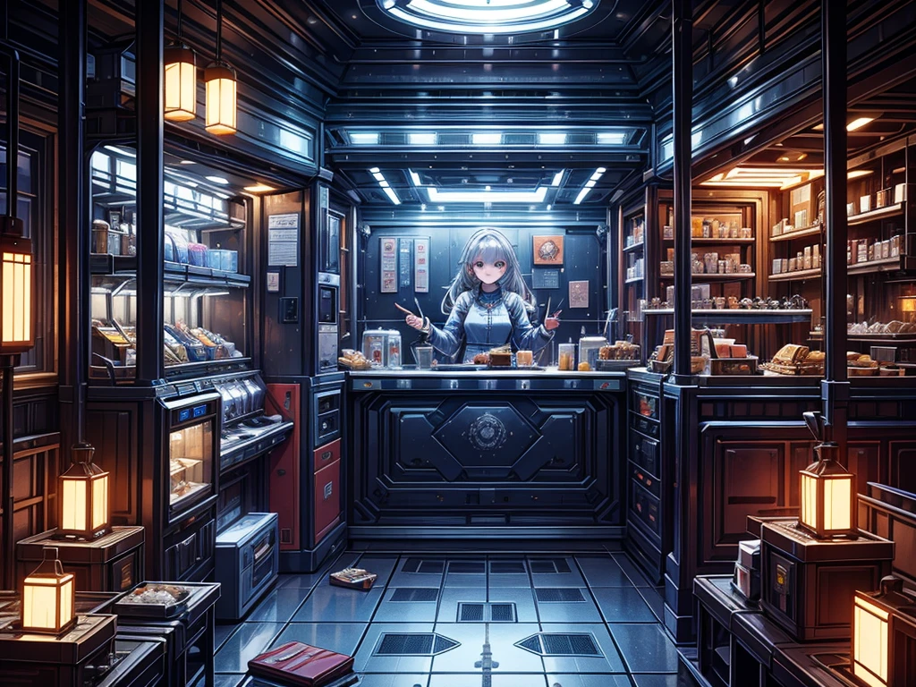 future,on a giant space station,in living area,1 food truck, A girl selling breakfast, Morning, LED light, Color LED, Sandwiches, drinks, Menus, Breakfast 5 euros, 製作Sandwiches