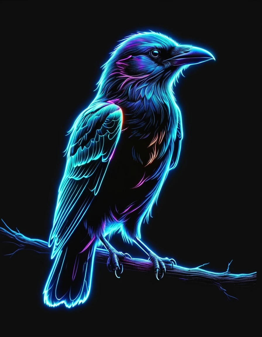 rim light, bioluminescence, ((line drawing)), Glowing translucent fluorescent, a crow, glow, holographic, high resolution, (black background), silhouette, ((Minimalism)), 8k, UHD