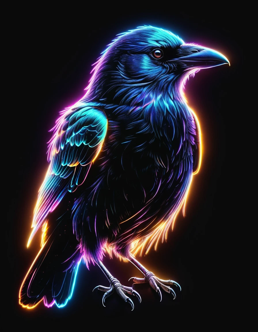 rim light, bioluminescence, ((line drawing)), Glowing translucent fluorescent, a crow, glow, holographic, high resolution, (black background), silhouette, ((Minimalism)), 8k, UHD