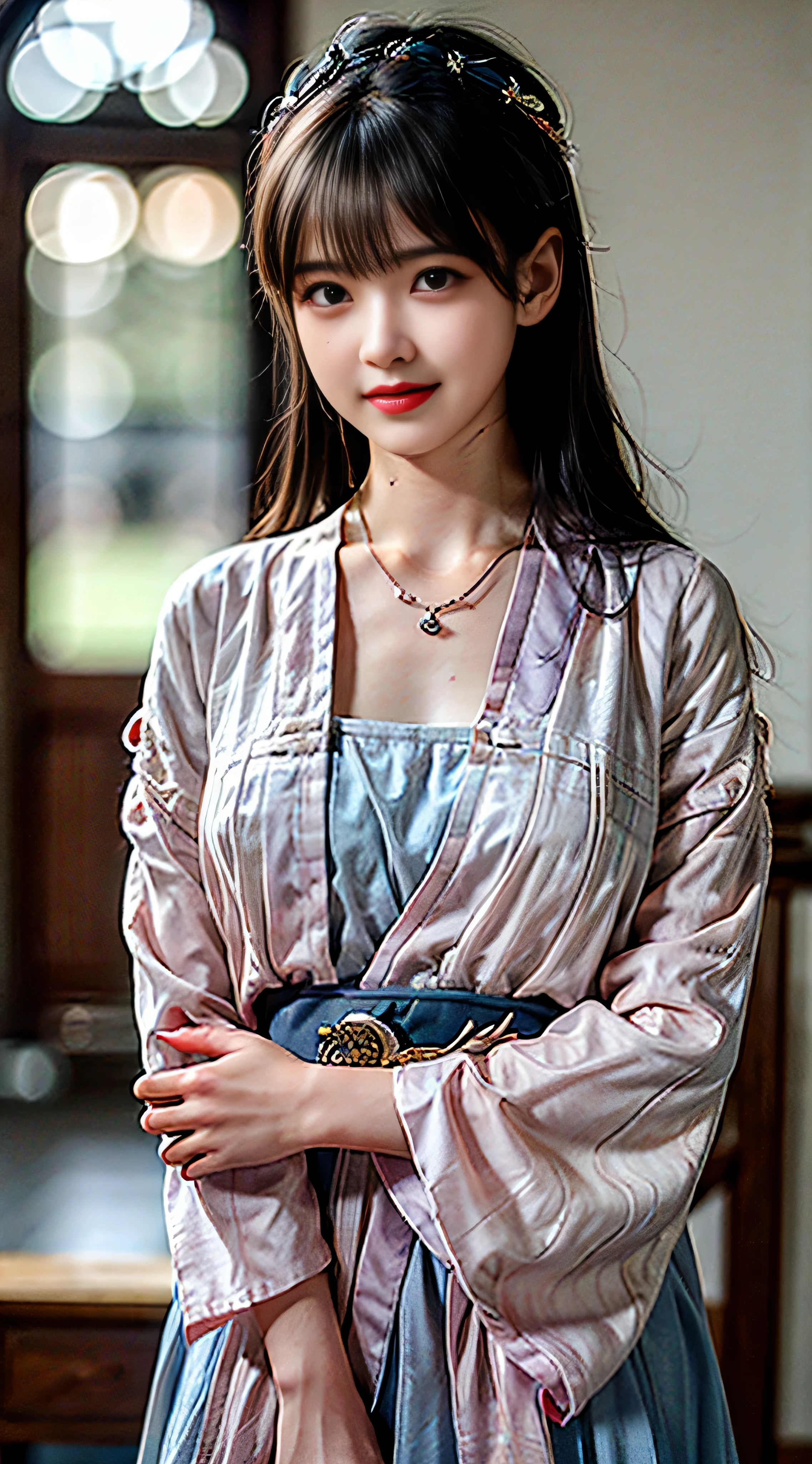 Superb Quality, Masterpiece, High Resolution, 1Girl, Blush, (Seductive Smile: 0.8), Star Pupil, Chinese Hanfu, Hair Accessories, Necklace, Jewelry, Beauty, on_body, Tyndall Effect, Realistic, Shadow Room, Light Edge, Two-tone Lighting, (High Detail Skin: 1.2), 8K UHD, SLR, Soft Light, High Quality, Volume Lighting, Candid Photo, High Resolution, 4K, 8K, Background Blur, Real Person