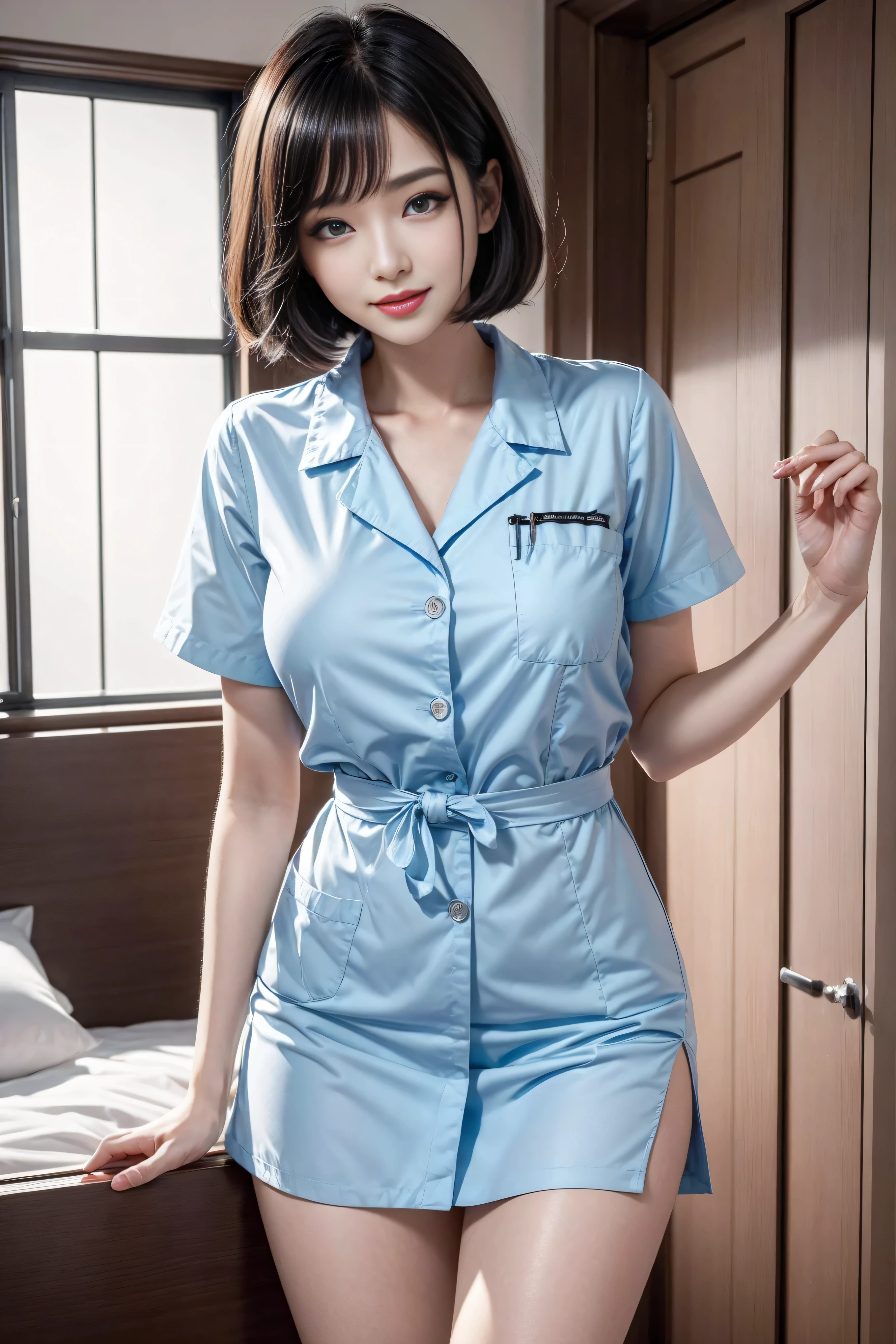 (3 Ultimate Beauty Nurse)、{{{masterpiece}}}， {Oh oh oh, Oh, really：1.2}， best quality， official art， Highly detailed CG Unity 8k wallpaper， The facial details are very rich、delicate lips、delicate eyes、double eyelids、((black bob hair))、(Nurse:1.3)、(charming figure)、(huge)、（（Open your mouth and smile： 1.8， cute smile： 1.8））， solo， Short hair details， vibrant smile， blue eyes，with eyes_Tokar， {Beautiful detailed gradient eyes}， red lips，thigh, thigh, thigh, perfect fit, Perfect Image Realism, background with: (hospital ward:1.2), cow boy shooting, Detailed background, detailed clothing, Wear a nurse hat，Wear Nurse Clothes，perfect lighting、Surreal、(Realism:1.4)、8K maximum resolution, (masterpiece), The content is very detailed, professional，