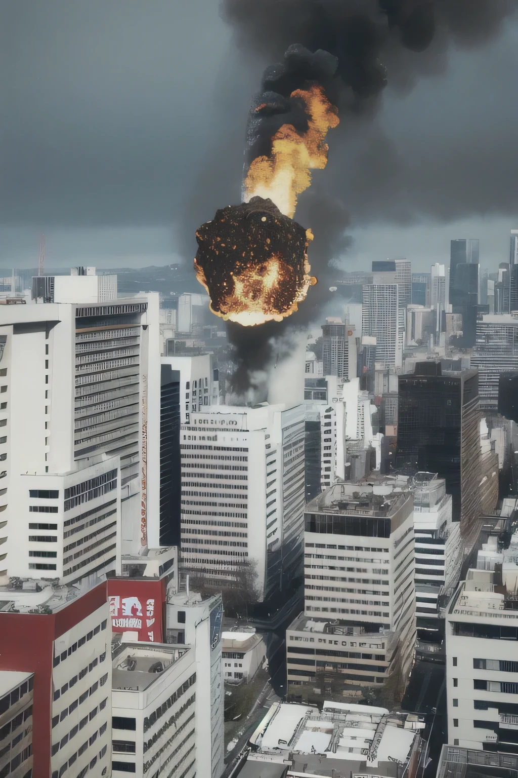 A huge, flaming meteorite falls between buildings in Tokyo、Buildings around the meteorite destroyed、collapse、explosion、panic、Looming Crisis、Detailed meteorite、