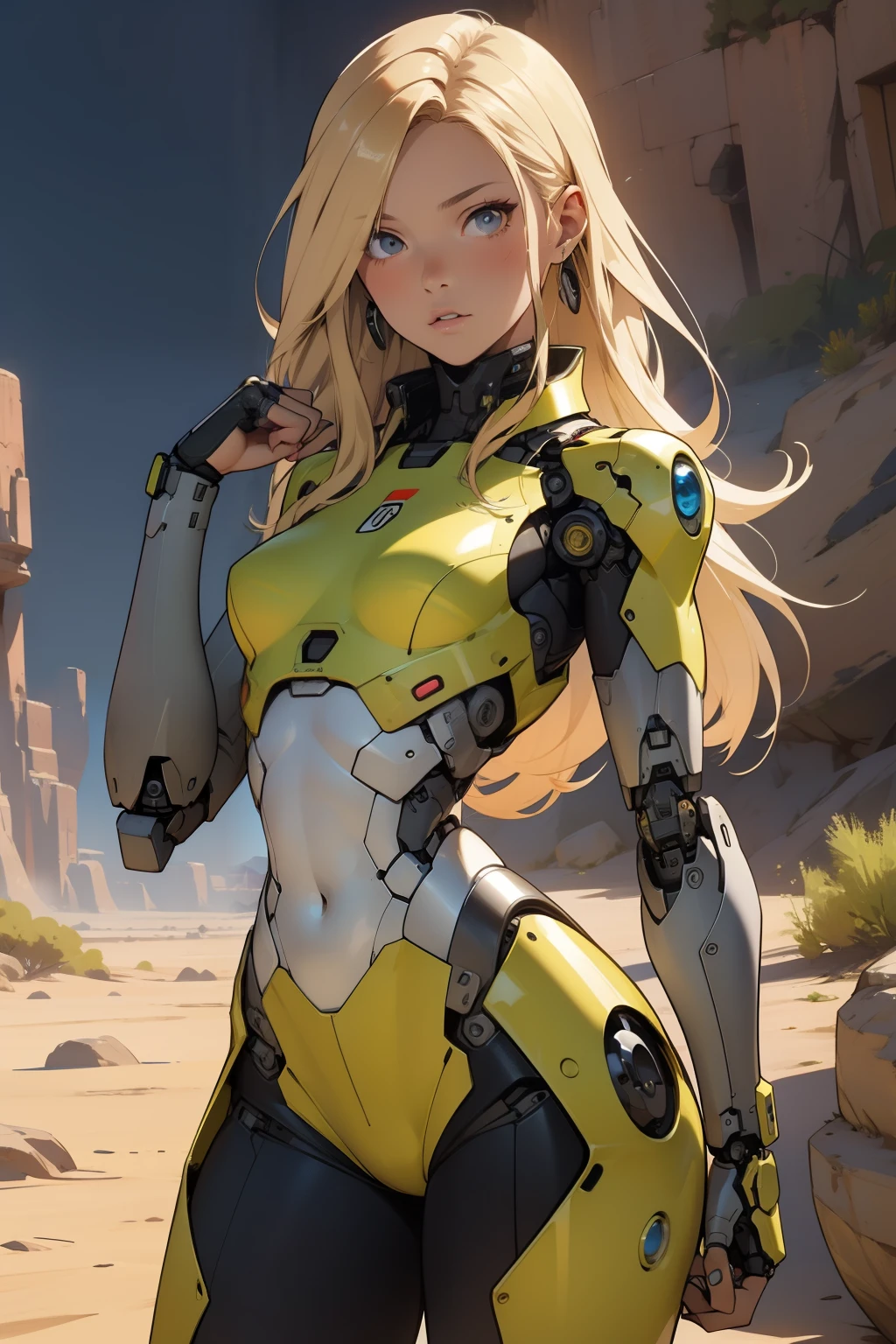 high quality, 4k, masterpiece, beautiful, cyborg girl, cowboy shot, dull eyes, front, looking at viewer, long blonde hair, girl, small breasts, fit thighs, robotic arms, robotic body, cyborg body, yellow uniform, red accent, intricate detail, joint, detailed lines, robotic detail, holding fist up, holding hand up as fist, color robotic parts, robotic parts with color, perfect fingers, on a desert planet, sunny background, colorful desert, a river or a lake in the background