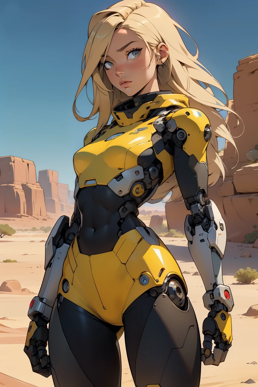 high quality, 4k, masterpiece, beautiful, cyborg girl, cowboy shot, dull eyes, front, looking at viewer, long blonde hair, girl, small breasts, fit thighs, robotic arms, robotic body, cyborg body, yellow uniform, red accent, intricate detail, joint, detailed lines, robotic detail, holding fist up, holding hand up as fist, color robotic parts, robotic parts with color, perfect fingers, on a desert planet, sunny background, colorful desert, a river or a lake in the background