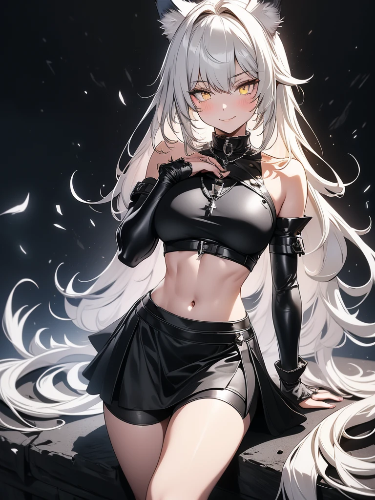 8K, Full body portrait, single beautiful young woman, especially detailed face, masterpiece, wallpaper, highlydetailed face, ultra-detailed face, beautiful and aesthetic wolf tailed girl, athletic body, pale white skin, big breasts, curvy, busty, long hair, gray-silver hair, a young cute wolf ypung woman, wolf ears, cute wolf tail, long wolf tail, fluffy wolf tail, wolf-like irises, beautiful, enchanting, bright yellow eyes, detailed eyes, ultra-detailed eyes, accurate eyes, detailed irises, correct body proportions, elegant, small vertical scar under right eye, small rosy lips, big breasts, slender elegant arms, pretty hands, detailed hands, charming, slight blush, shy smile, black edgpshorts with stylish metal chains and a black top, detached sleeves, light black armor, armored long bike shorts and skirt on top of them, two piece outfit, black armored fur cloack, black metal armor, silver metallic ornaments, bare off shoulders, toned abs, exposed belly, standing pose, cute pose, black thighigh on left leg, sole girl