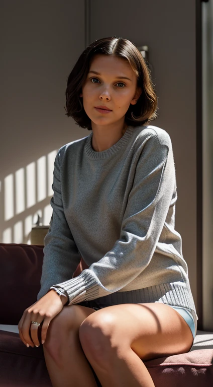 mbb, millie bobby brown, portrait of American girl, happy, wearing sweater and a pair of grey panties, perfect bare legs , with Bob , seduce pose, sitting in living room with morning light coming into dark room, holding a cup of tea,(photo, studio lighting, soft light, sony a7, 50 mm, matte skin, pores, colors, hyperdetailed, hyperrealistic), avoid bad body, avoid multiple limbs