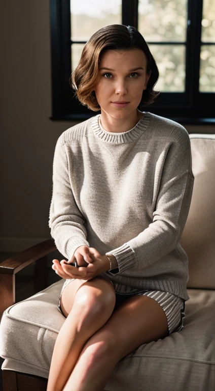 mbb, millie bobby brown, portrait of American girl, happy, wearing sweater and a pair of grey panties, perfect bare legs , with Bob , seduce pose, sitting in living room with morning light coming into dark room, holding a cup of tea,(photo, studio lighting, soft light, sony a7, 50 mm, matte skin, pores, colors, hyperdetailed, hyperrealistic), avoid bad body, avoid multiple limbs