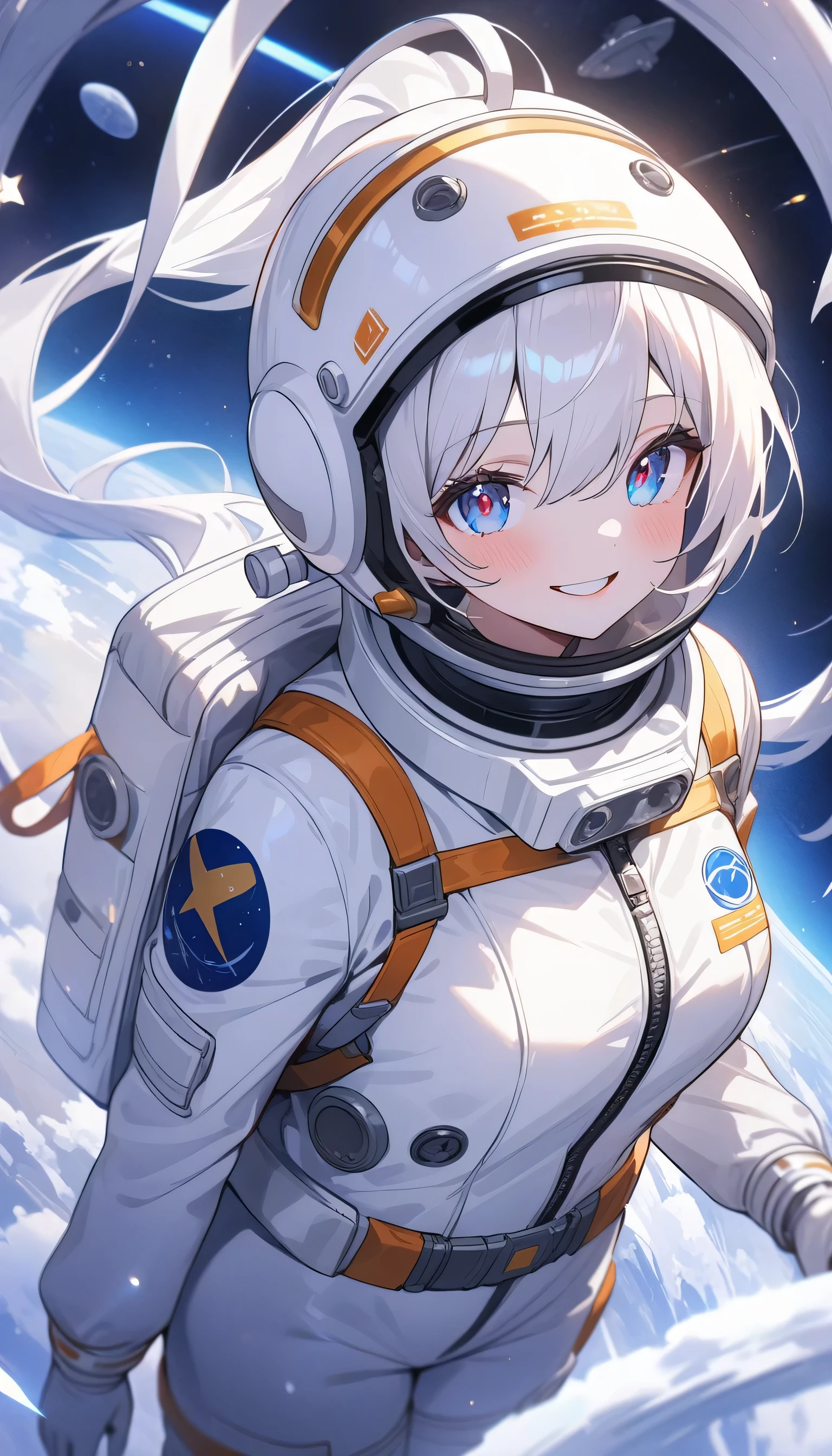 (highest quality、masterpiece、High resolution、detailed)､(Shining eyes、detailed beautiful face)､Beautiful ponytail anime girl, ,(space flight士), (Spacesuit helmet:1.3)、Extravehicular Activity Unit、Beautiful anime in space suits, outer space, white haired god, exquisite details.space flight, anime 4k  、dynamic angle、beautiful anime、space travel、smile