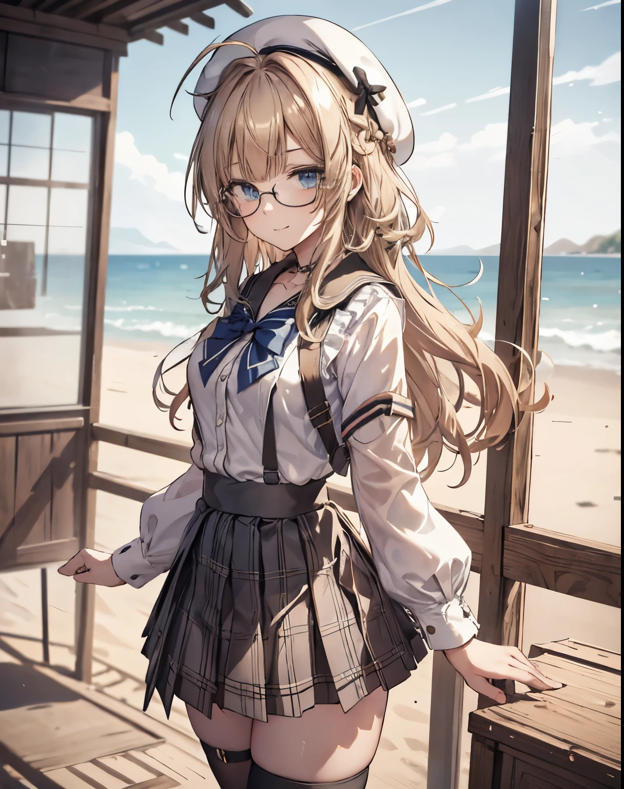 masterpiece, 1girl, sparrow, a blonde haired girl, wearing a white sailor clothes, curly long hair, messy hair, slim body, he close her left eye, shirt ornament, aqua eyes, sho show her back, ahoge, baby face, big breast, beautiful breasts, rounded breasts, braid hair, beret, long sleeves, beautiful eyes, white stocking, droopy eyes, miniskirt, black skirt, plaid skirt, her age is 19 years old, beret, beach, bowtie, sailor collar, pleated skirt, evil smile, round_eyewear, plaid skirt