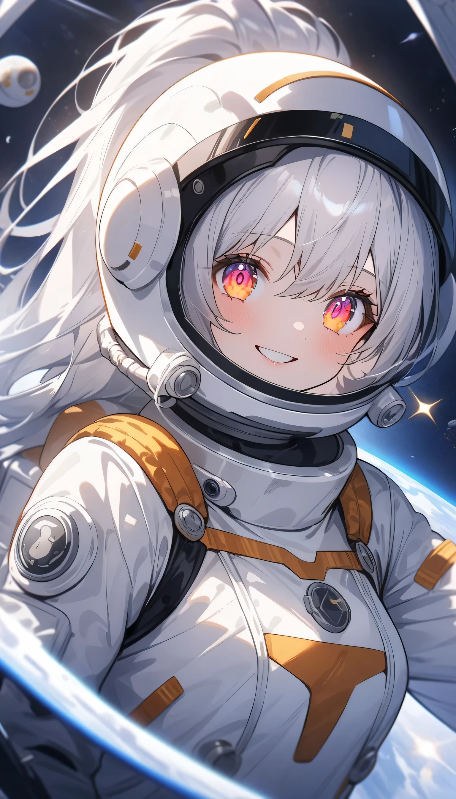 (highest quality、masterpiece、High resolution、detailed)、(Shining eyes、detailed beautiful face)、Beautiful ponytail anime girl, ,(space flight士), (Spacesuit helmet:1.3)、Extravehicular Activity Unit、Beautiful anime in space suits, outer space, white haired god, exquisite details.space flight, anime 4k 、dynamic angle、beautiful anime、space travel、smile