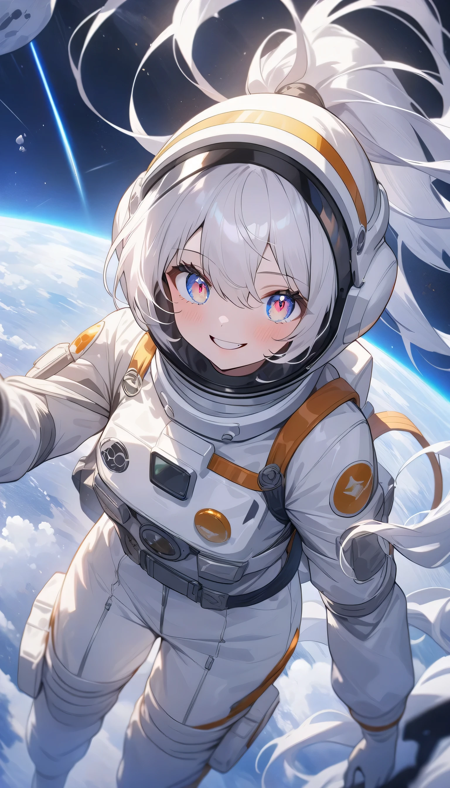 (highest quality、masterpiece、High resolution、detailed)、(Shining eyes、detailed beautiful face)、Beautiful ponytail anime girl, ,(space flight士), (Spacesuit helmet:1.3)、Extravehicular Activity Unit、Beautiful anime in space suits, outer space, white haired god, exquisite details.space flight, anime 4k 、dynamic angle、beautiful anime、space travel、smile