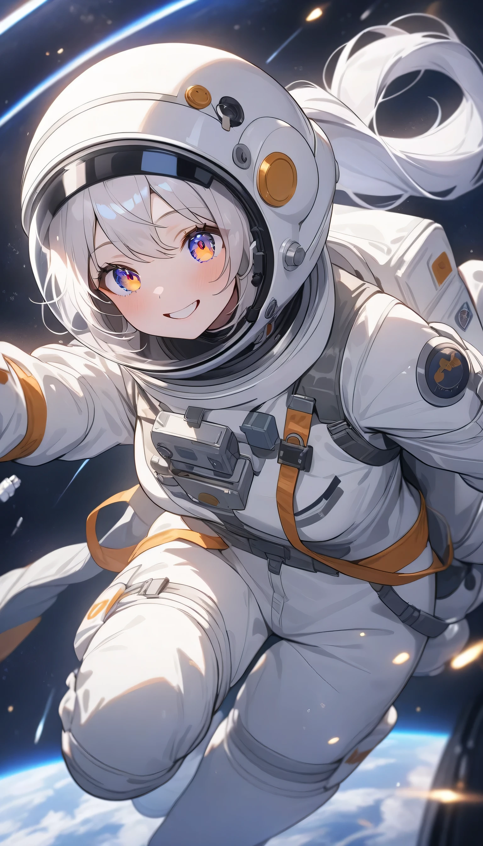 (highest quality、masterpiece、High resolution、detailed)、(Shining eyes、detailed beautiful face)、Beautiful ponytail anime girl, ,(space flight士), (Spacesuit helmet:1.3)、Extravehicular Activity Unit、Beautiful anime in space suits, outer space, white haired god, exquisite details.space flight, anime 4k 、dynamic angle、beautiful anime、space travel、smile