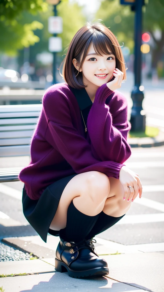 Photo taken by a professional photographer，laughter:1.5，Close-up of a woman squatting on the sidewalk, wearing a sweater, short cut brown hair, hair is messy，young and cute girl, Wearing a super super super super mini skirt:1.5，Wear stylish boots，sit on a park bench:1.5，Flashy makeup with red eyeshadow，You can see beautiful thighs