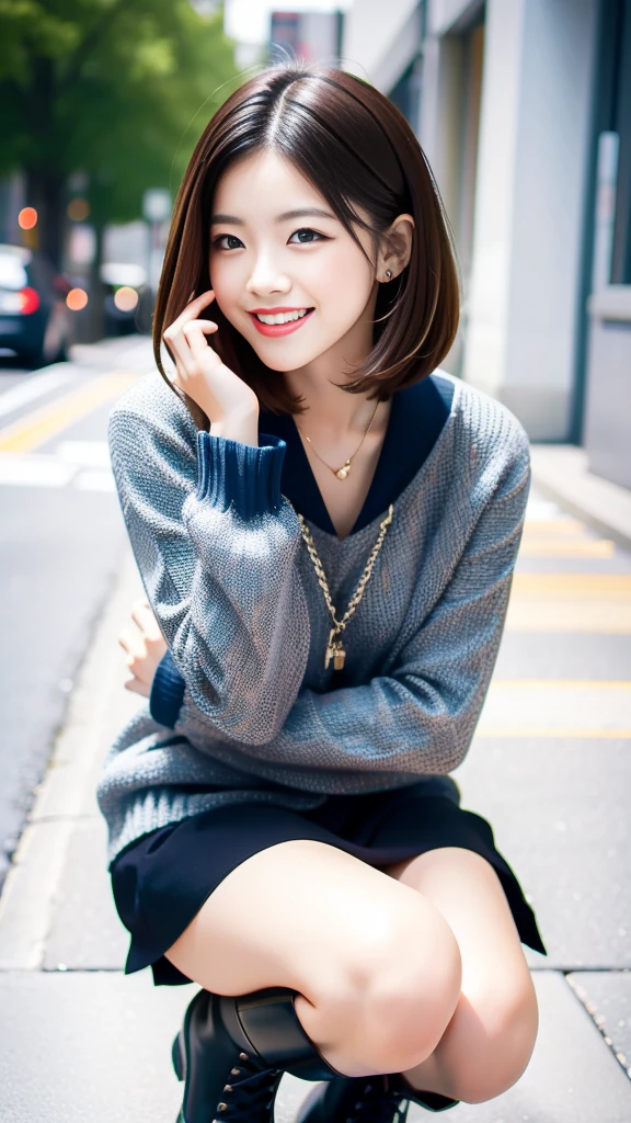 Photo taken by a professional photographer，laughter:1.5，Close-up of a woman squatting on the sidewalk, wearing a sweater, short cut brown hair, hair is messy，young and cute girl, Wearing a super super super super mini skirt:1.5，Wear stylish boots，sit on a park bench:1.5，Flashy makeup with red eyeshadow，You can see beautiful thighs