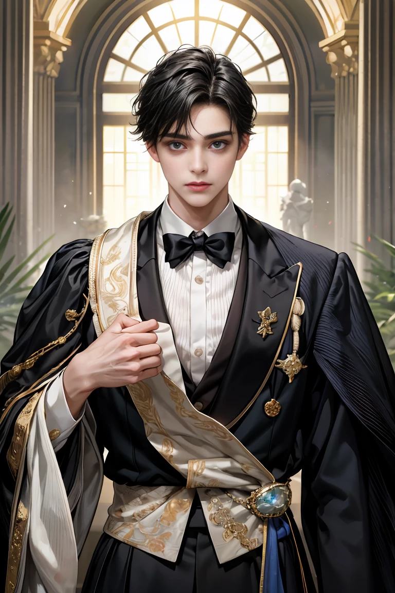 
masterpiece, 最high quality, high quality, 1 boy, alone, male focus, looking at the viewer, whole body, Winning spirit_destiny, Messy black hair, blue adorable big eyes, white people, Noble, Noble, formal attire, 17 years old,cute beautiful boy,cute cute handsome boy