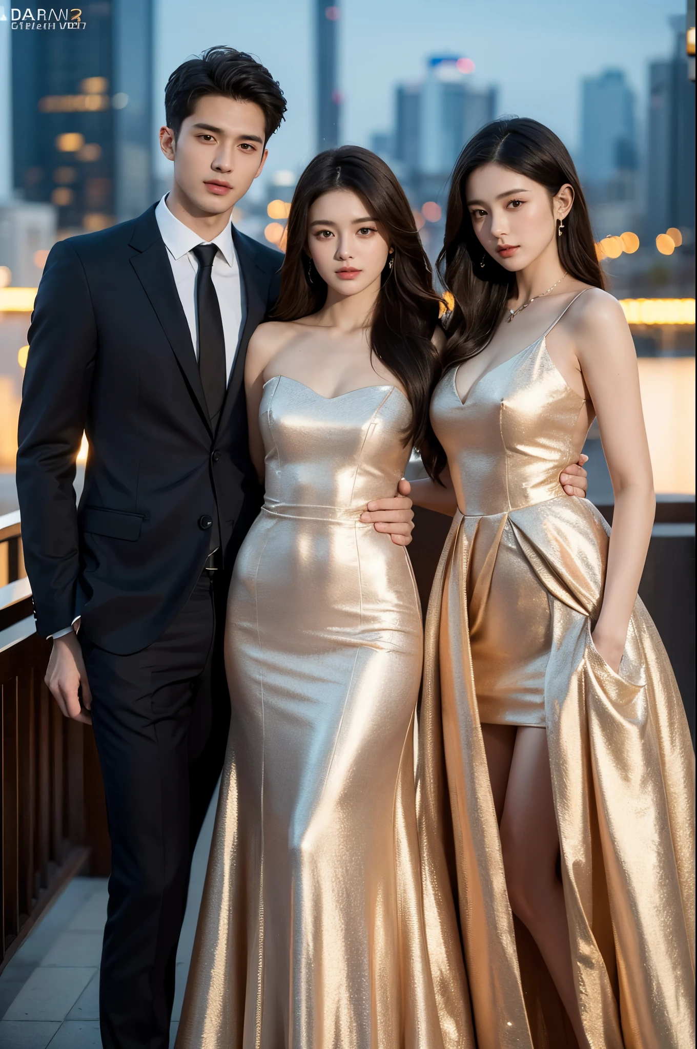 Realistic, Long shot, 4k, high detailed, high quality, Potrait of one man(24 years old) in a suit(in the middle) and 2 girls with luxury dress, standing, perfectly proportioned, intimate, Lovers, close to each other, perfect anatomy, perfect background, perfect face, perfect body, detailed face, look at camera, Luxury background