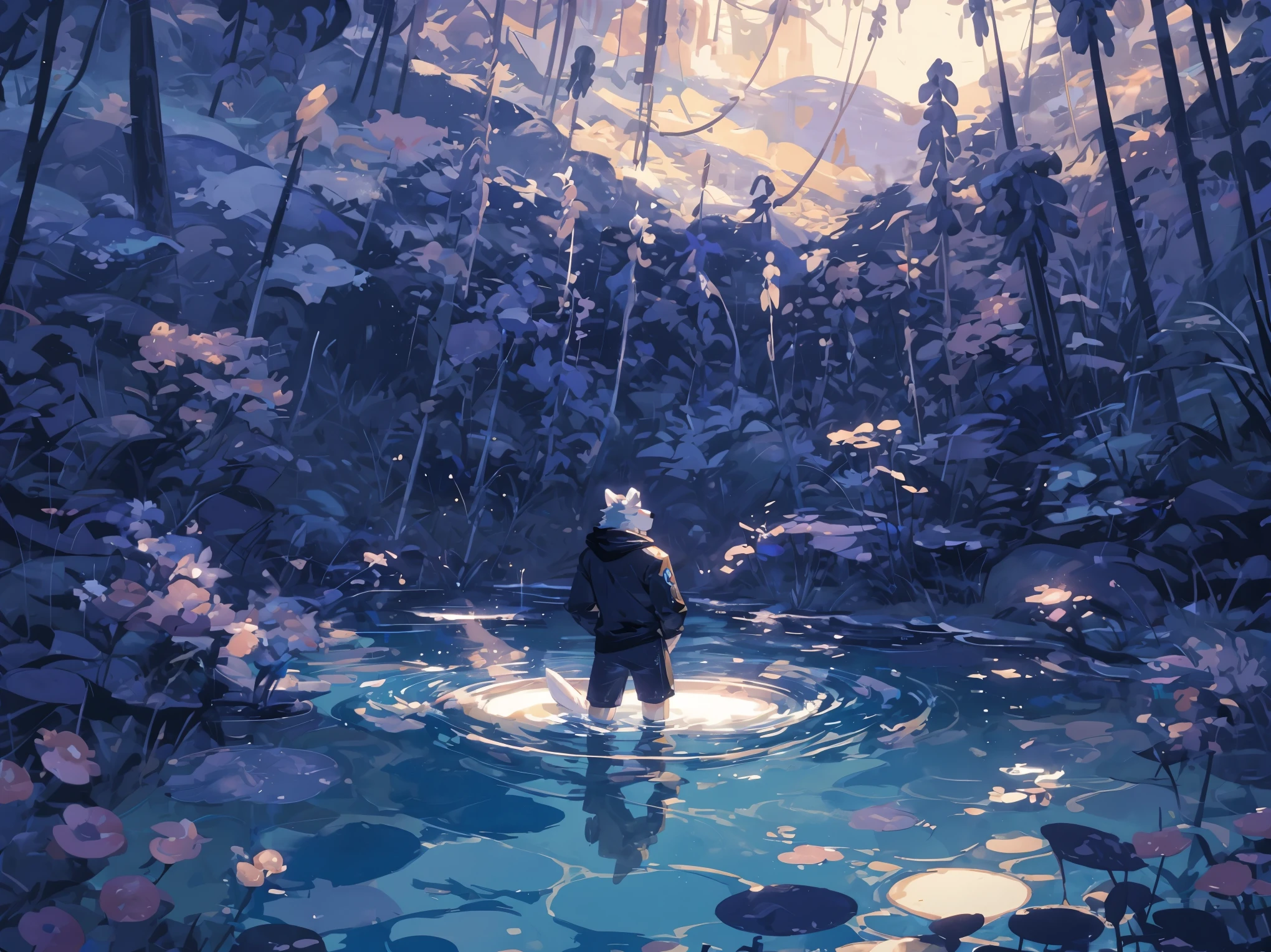 (masterpiece:1.2), best quality,pixiv,official art,perfect anatomy, (Ray tracing, light), (ultra deTailed), sharp focus, solo, (1_male:1.3) , (muscle), (gray fur:1.4), (muscle bear), (beard:1.2), (glowing cyan eyes), Thick eyebrows, open short hoodie, naked inside, (boxer:1.3), barefoot, floating , in the sea, under the water, Reflection, sinking in the water, drowning, air bubble
