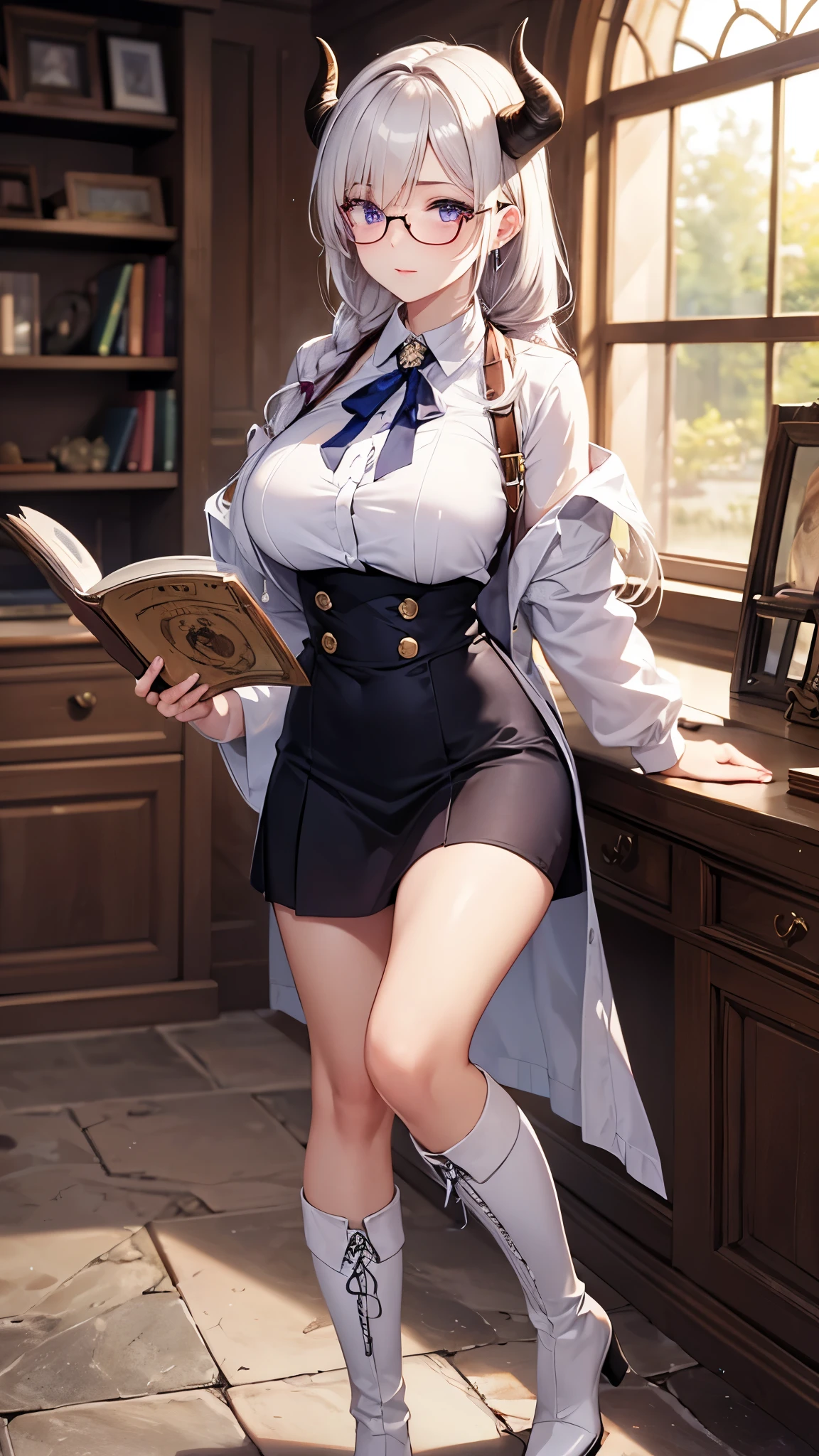 (Masterpiece, best quality), detailed, (medieval magic academy uniform, glasses, reading glasses, white boots), athletic, busty, demon, demon girl, detailed beautiful purple eyes, detailed face, white hair and white skin, braided ponytail, demon horns, full of details.