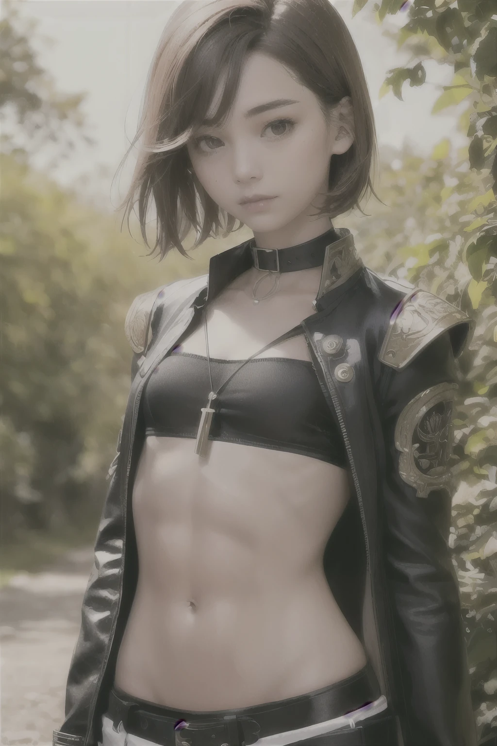 ((Medium chest, tomboy girls, small head)), dawn, sunlight, (chiseled abs : 1.1), (perfect body : 1.1), (wavy short hair : 1.2) , auburn hair, collar, Lock, , wilderness, (Highly detailed CG 8k wallpaper), (very delicate and beautiful), (masterpiece), (highest quality:1.0), (ultra High resolution:1.0), beautiful lighting ,perfect lightning, realistic shadow, [High resolution], fine skin, Super detailed ､Cosplayers,See-through,